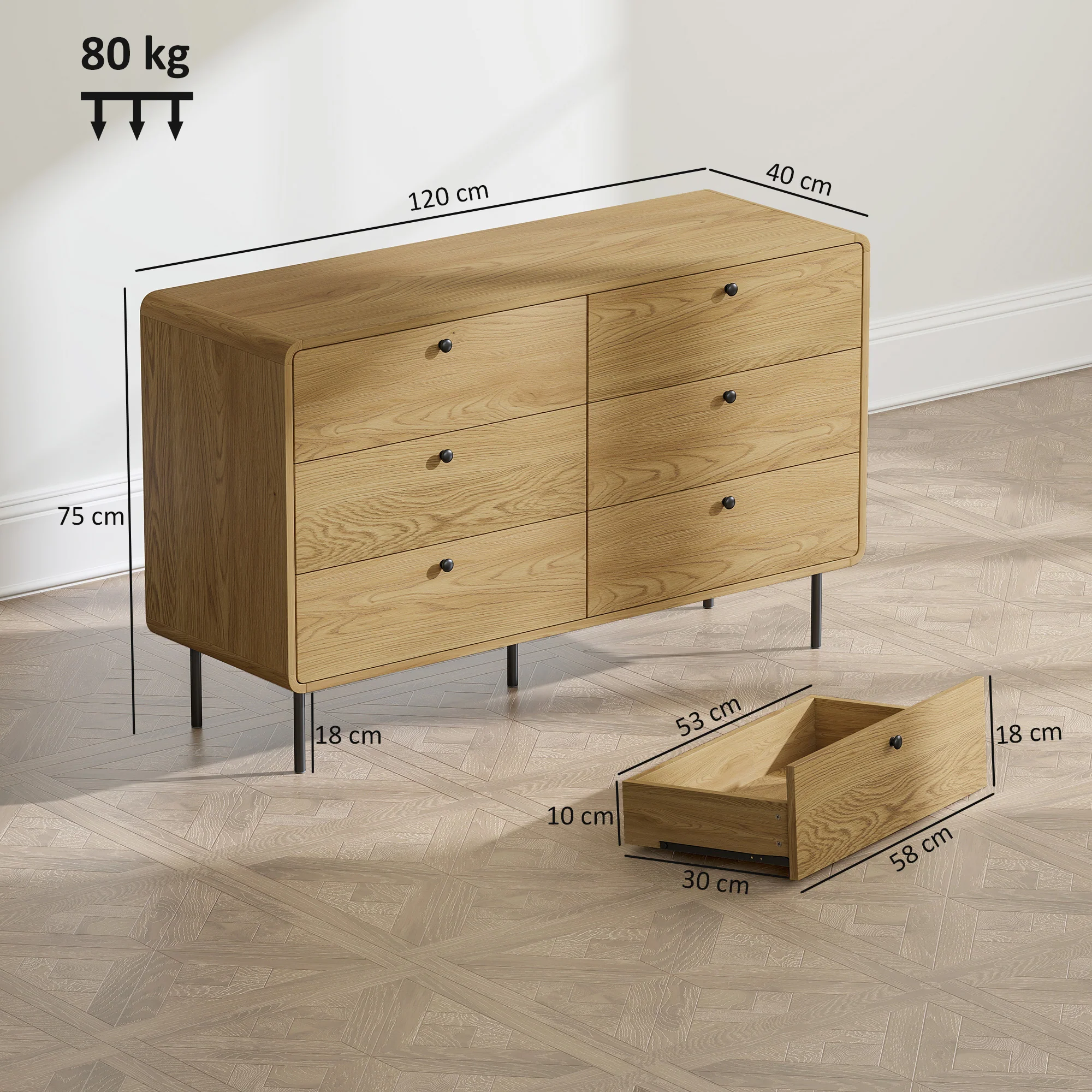HOMCOM Chest of Drawers for Bedroom, Modern 6 Drawer Dresser, Oak - Image 5