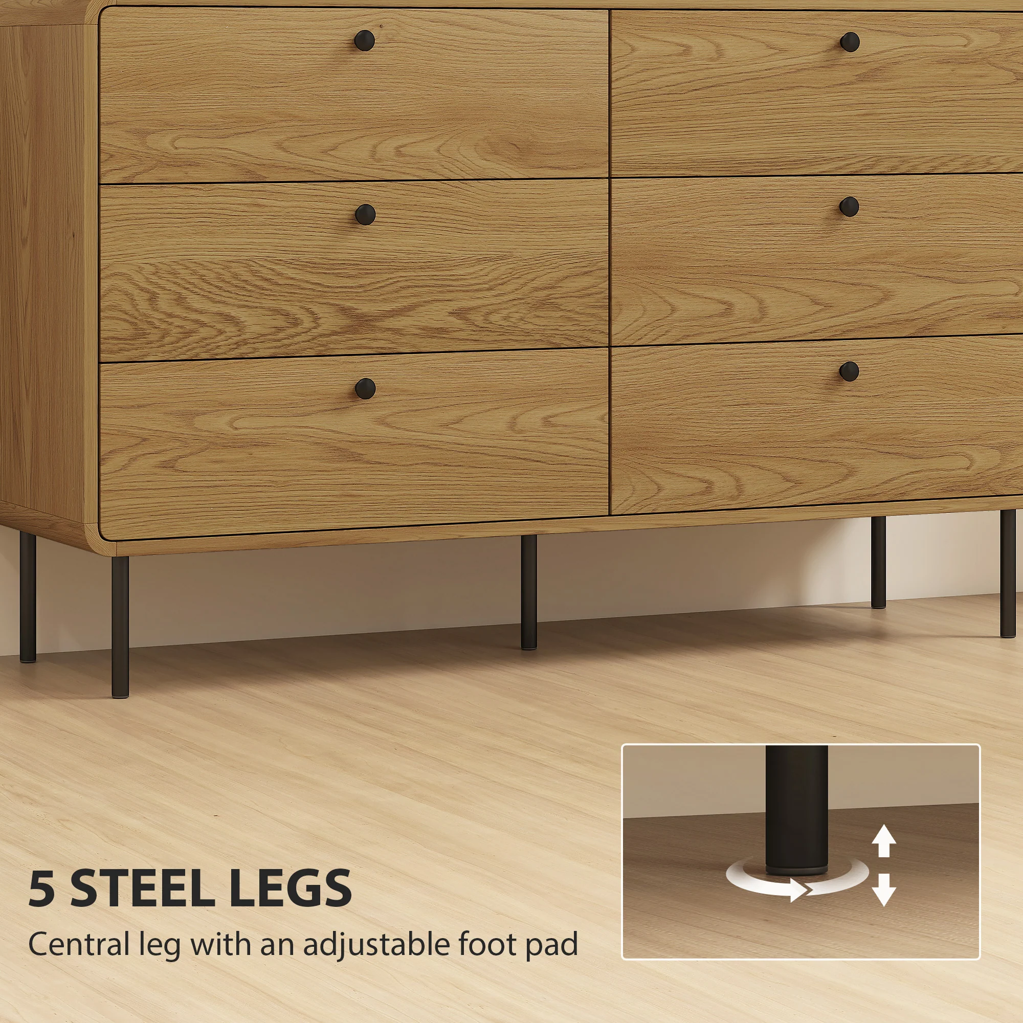 HOMCOM Chest of Drawers for Bedroom, Modern 6 Drawer Dresser, Oak - Image 6
