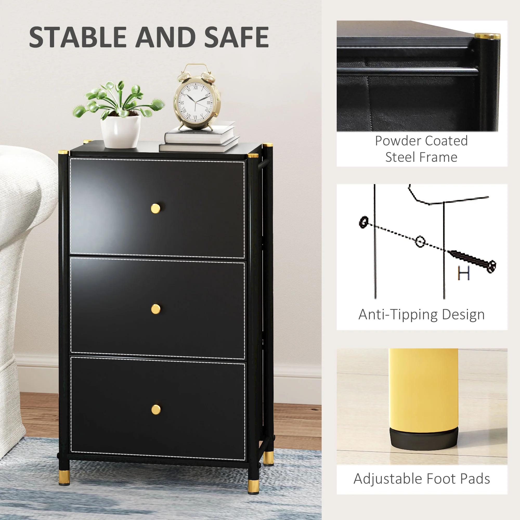 HOMCOM Chest Of Drawers With 3 Drawers For Bedroom, Living Room, Black - Image 6