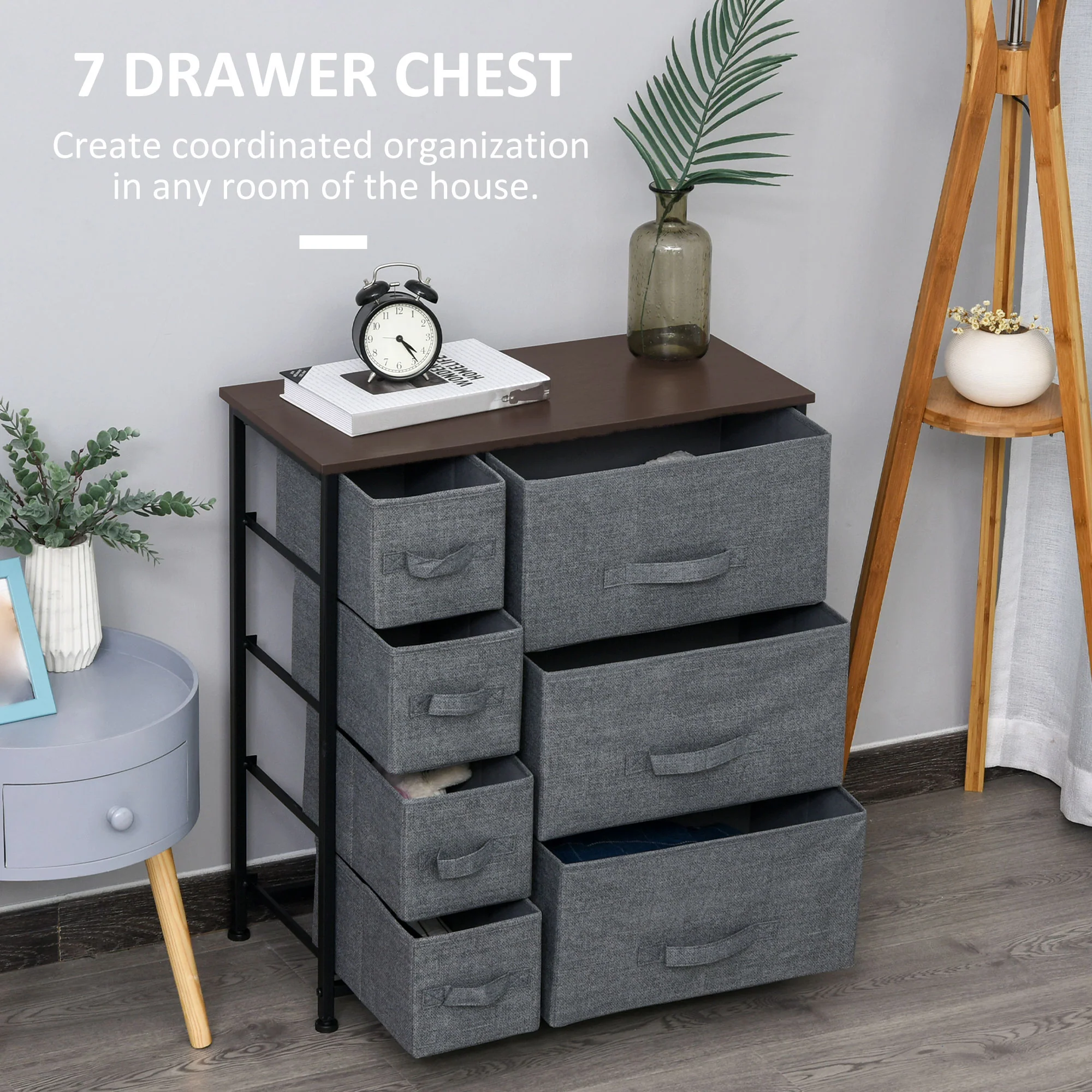 HOMCOM Chest Of Drawers With 7 Dresser Drawers For Home Bedroom, Dark Grey - Image 3
