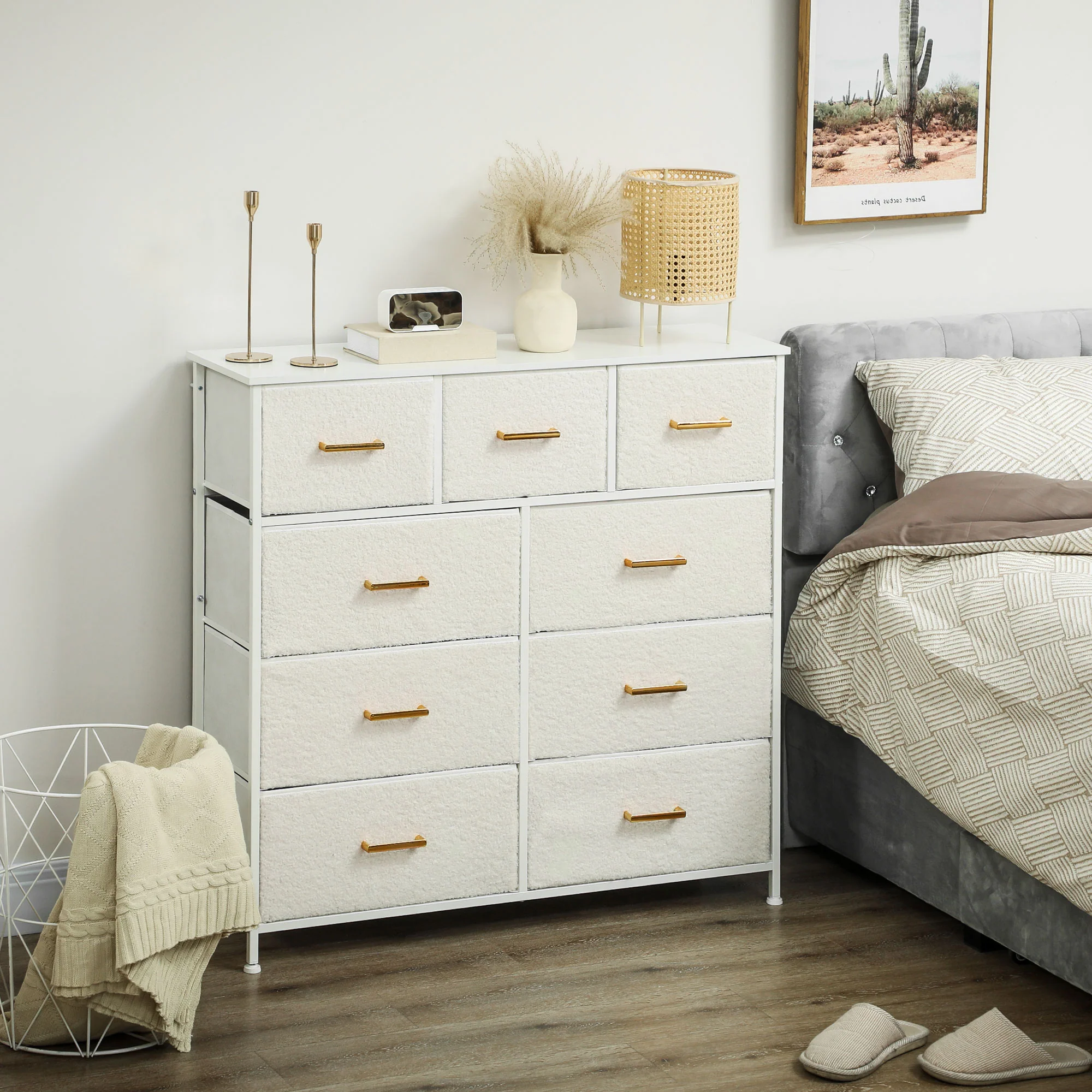 HOMCOM Chest of Drawers with 9 Drawers, Boucle Storage Organiser, Cream - Image 2