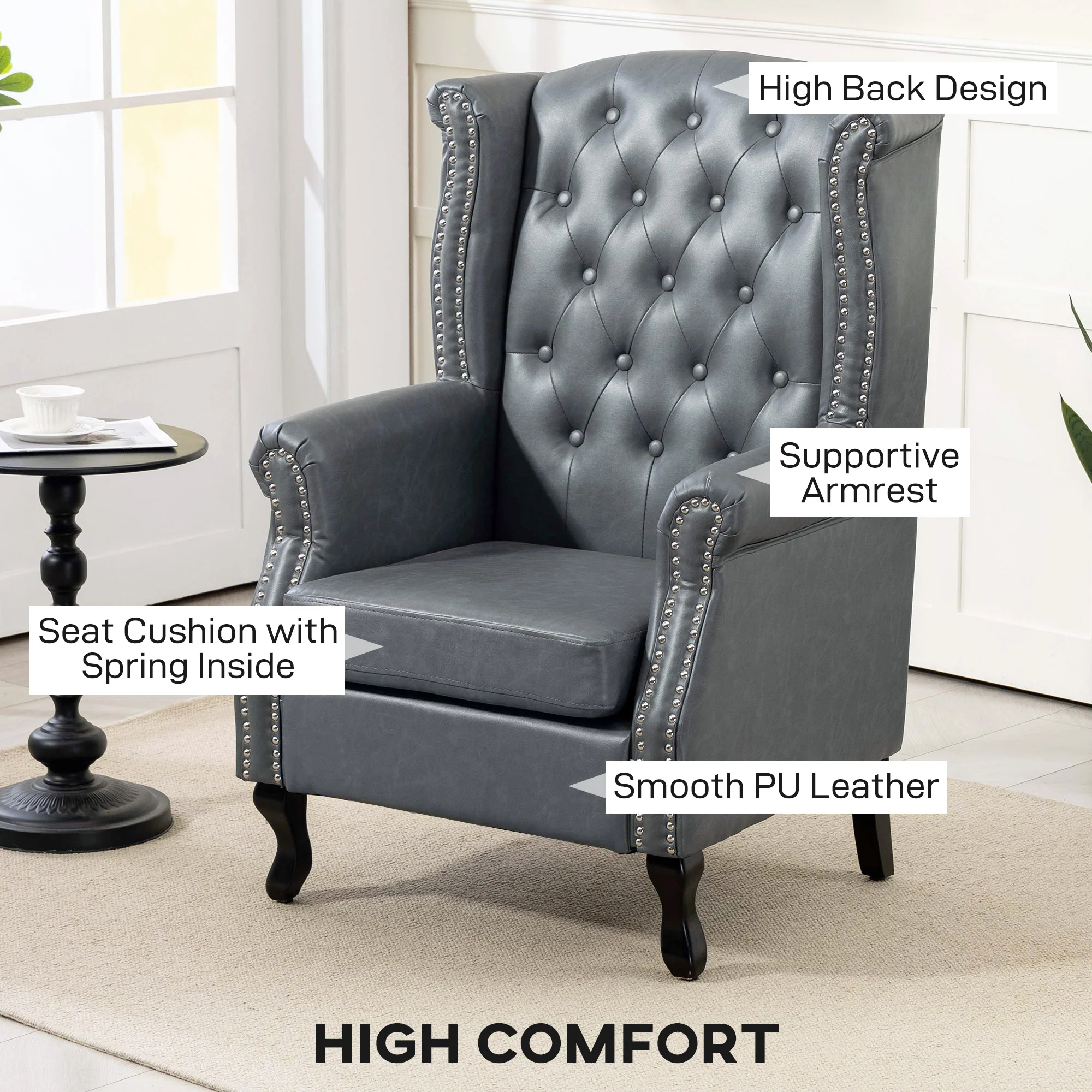 HOMCOM Chesterfield-style Wing Back Armchair Tufted Accent Chair Grey - Image 3