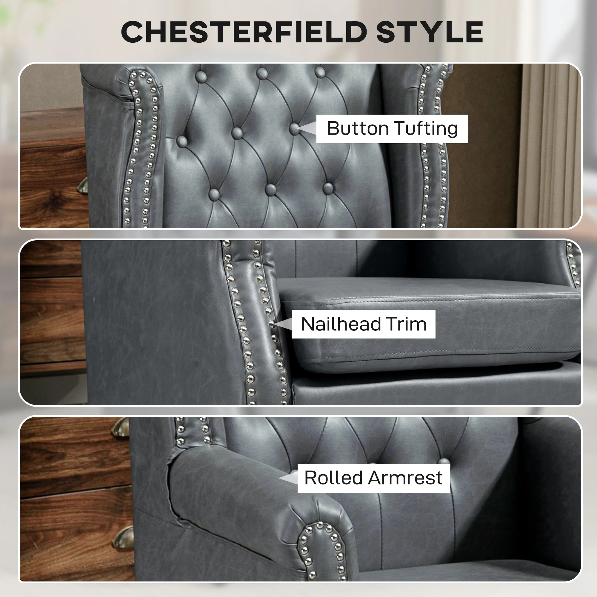 HOMCOM Chesterfield-style Wing Back Armchair Tufted Accent Chair Grey - Image 4