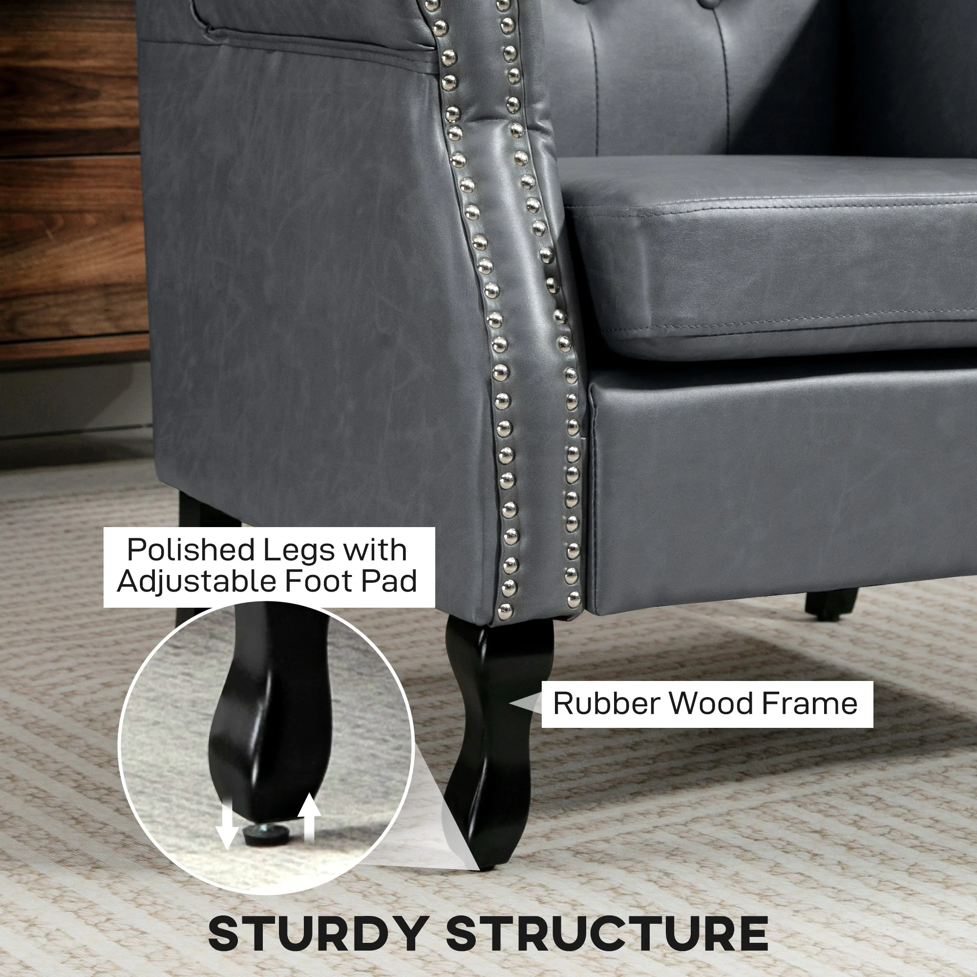 HOMCOM Chesterfield-style Wing Back Armchair Tufted Accent Chair Grey - Image 6
