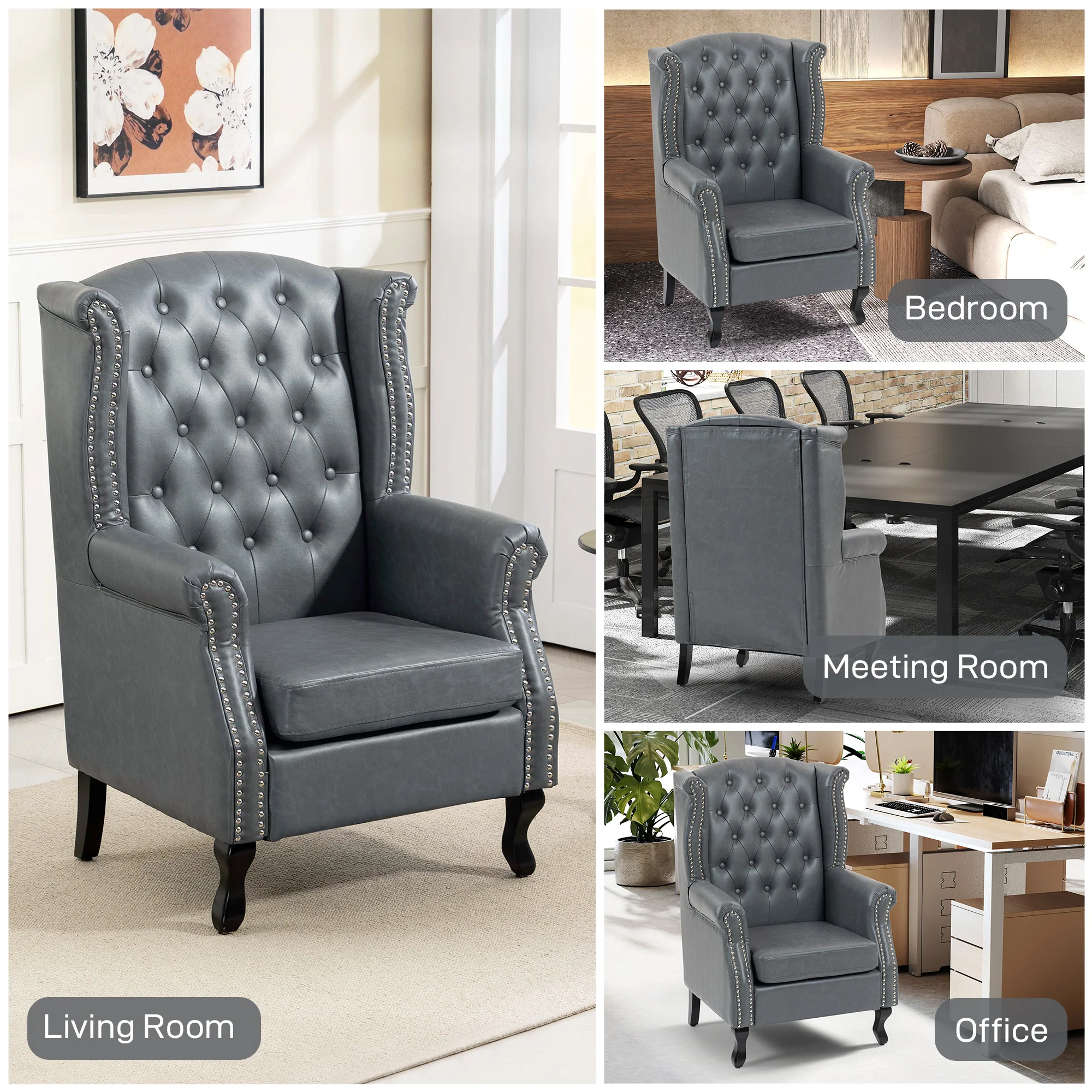 HOMCOM Chesterfield-style Wing Back Armchair Tufted Accent Chair Grey - Image 8