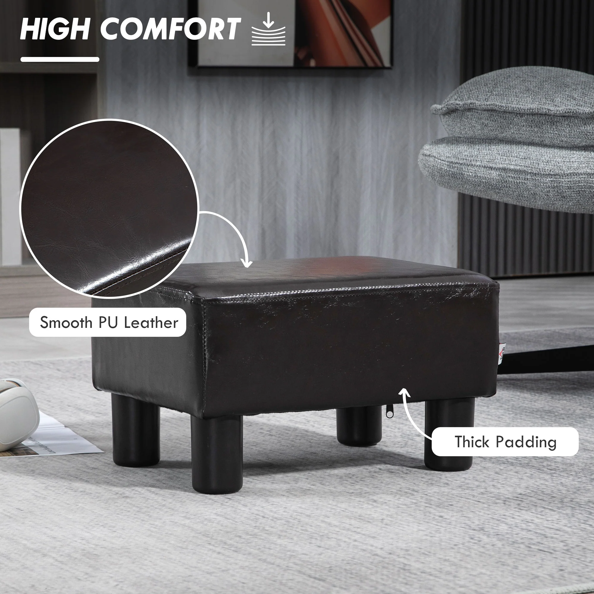 HOMCOM Chic Faux Leather Footstool Ottoman Cube With 4 Plastic Legs Brown - Image 3