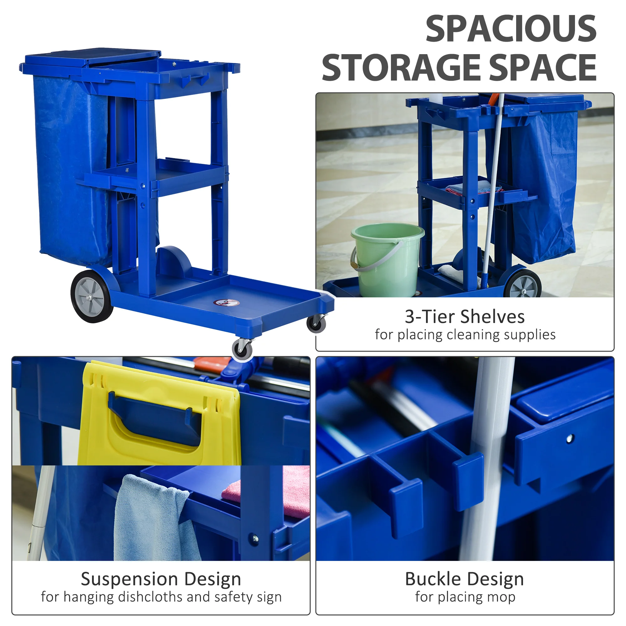 HOMCOM Cleaning Cart On Wheels, Housekeeping Trolley w/ 3 Tier Shelves, Blue - Image 3