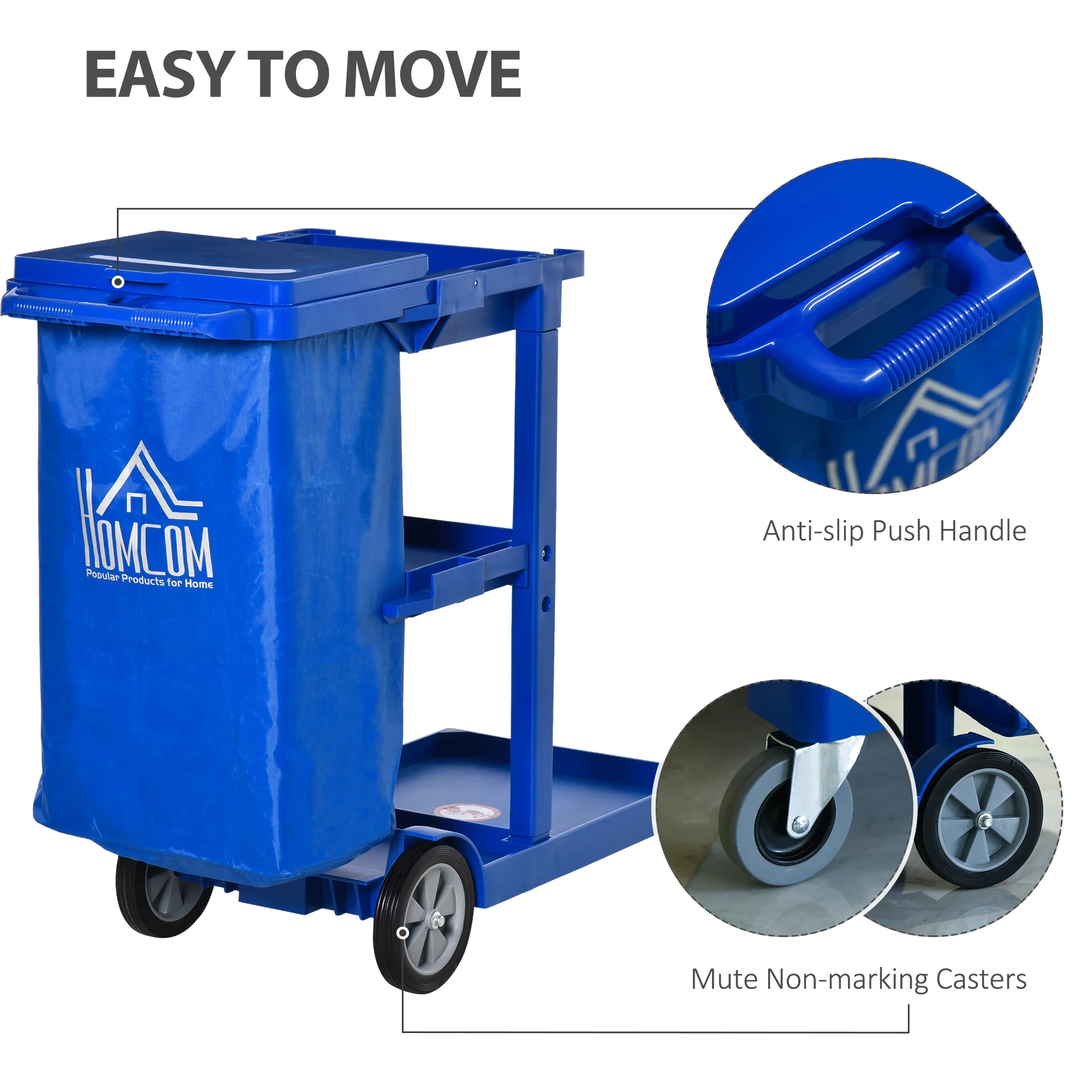 HOMCOM Cleaning Cart On Wheels, Housekeeping Trolley w/ 3 Tier Shelves, Blue - Image 4