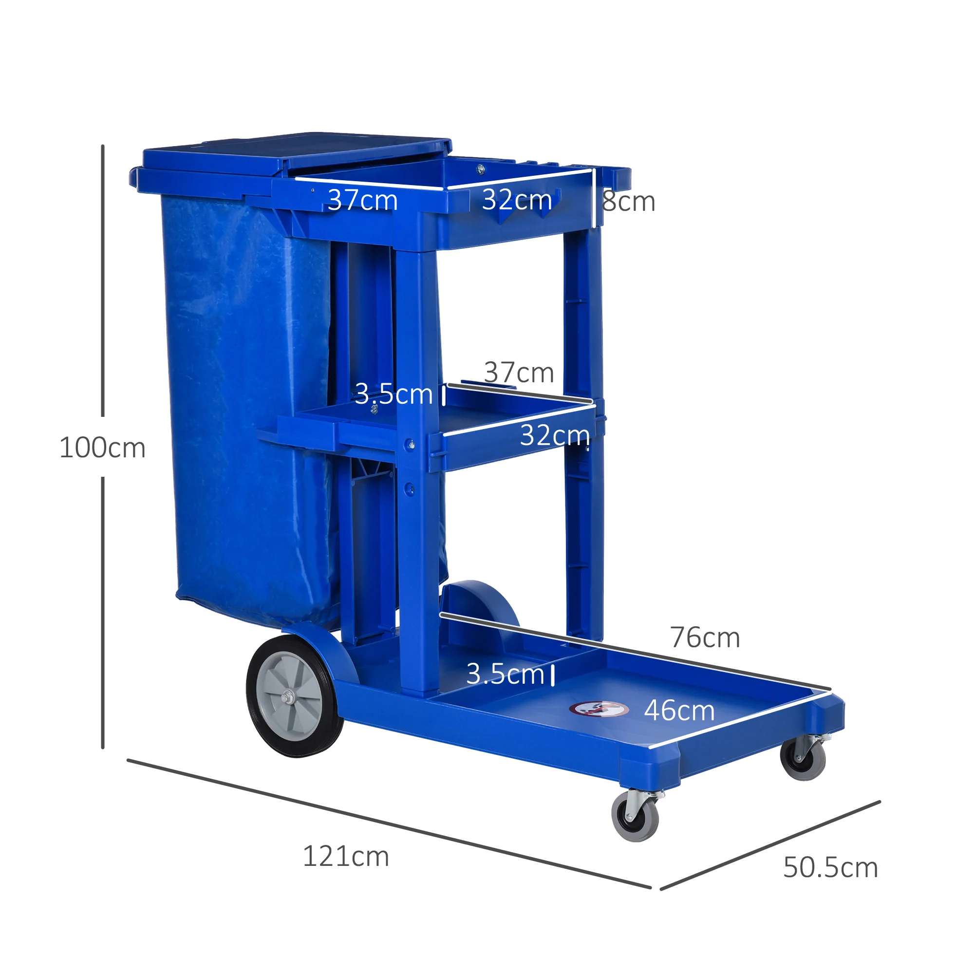 HOMCOM Cleaning Cart On Wheels, Housekeeping Trolley w/ 3 Tier Shelves, Blue - Image 5