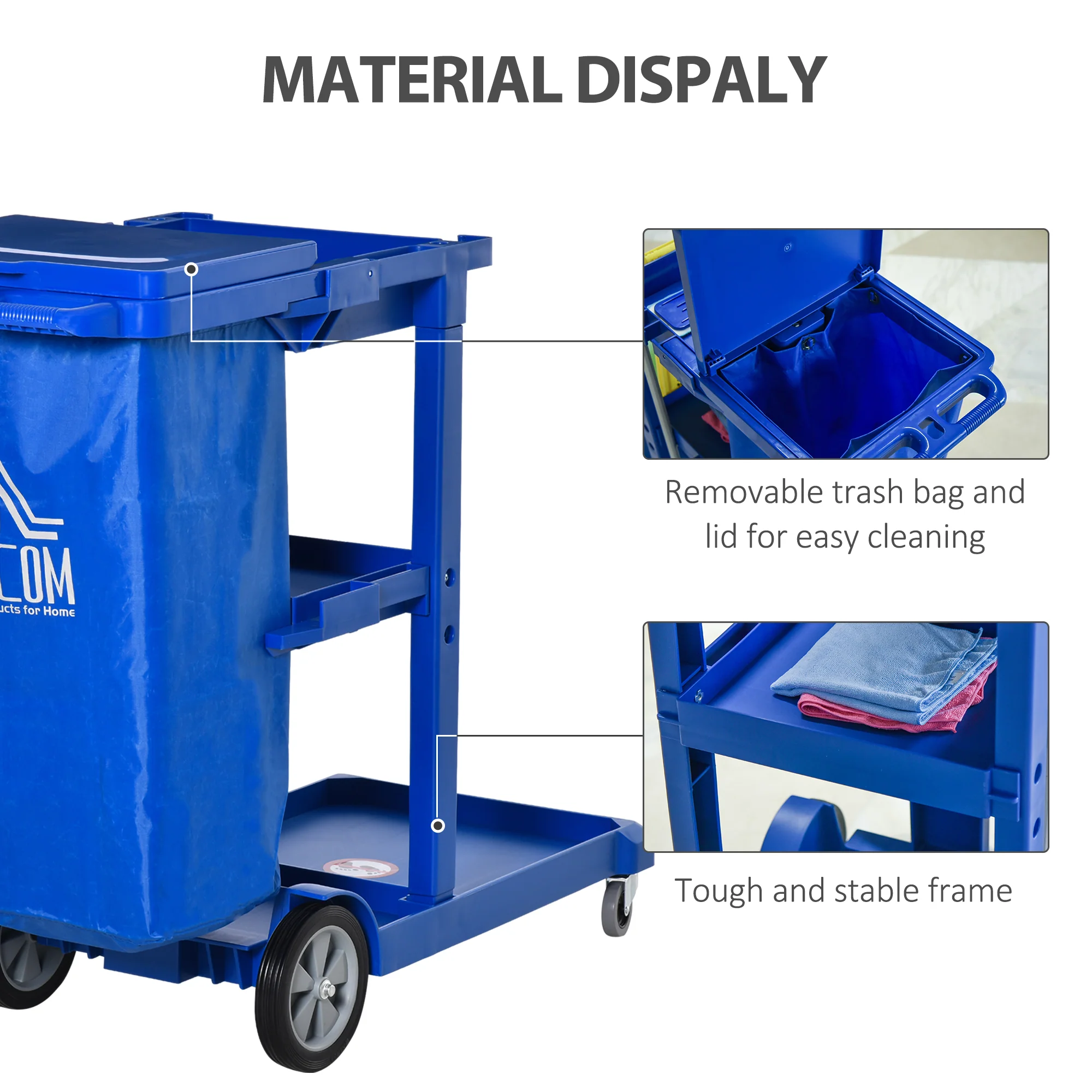 HOMCOM Cleaning Cart On Wheels, Housekeeping Trolley w/ 3 Tier Shelves, Blue - Image 6