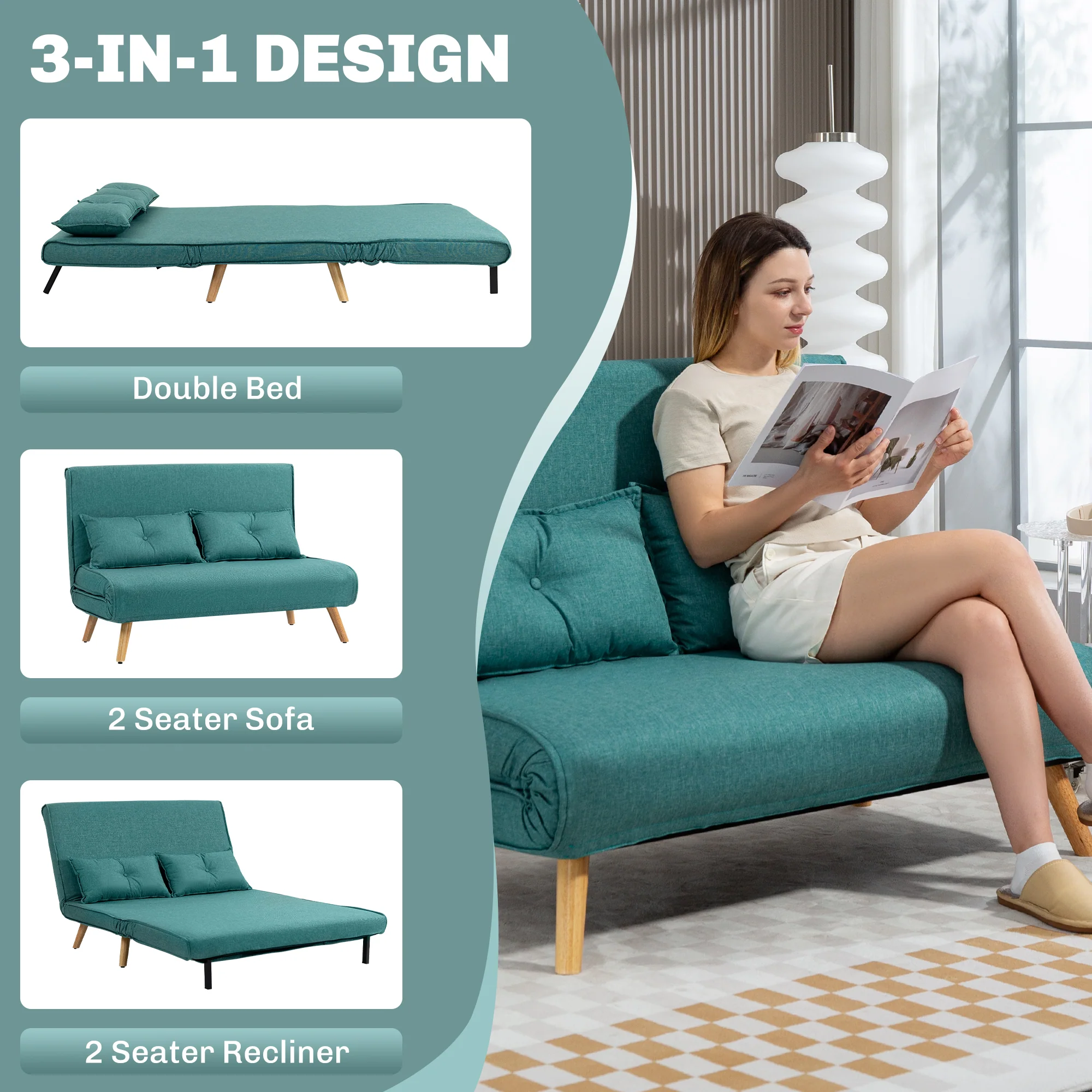 HOMCOM Click Clack Sofa Bed, 2 Seater Bed Settee For Living Room - Image 21
