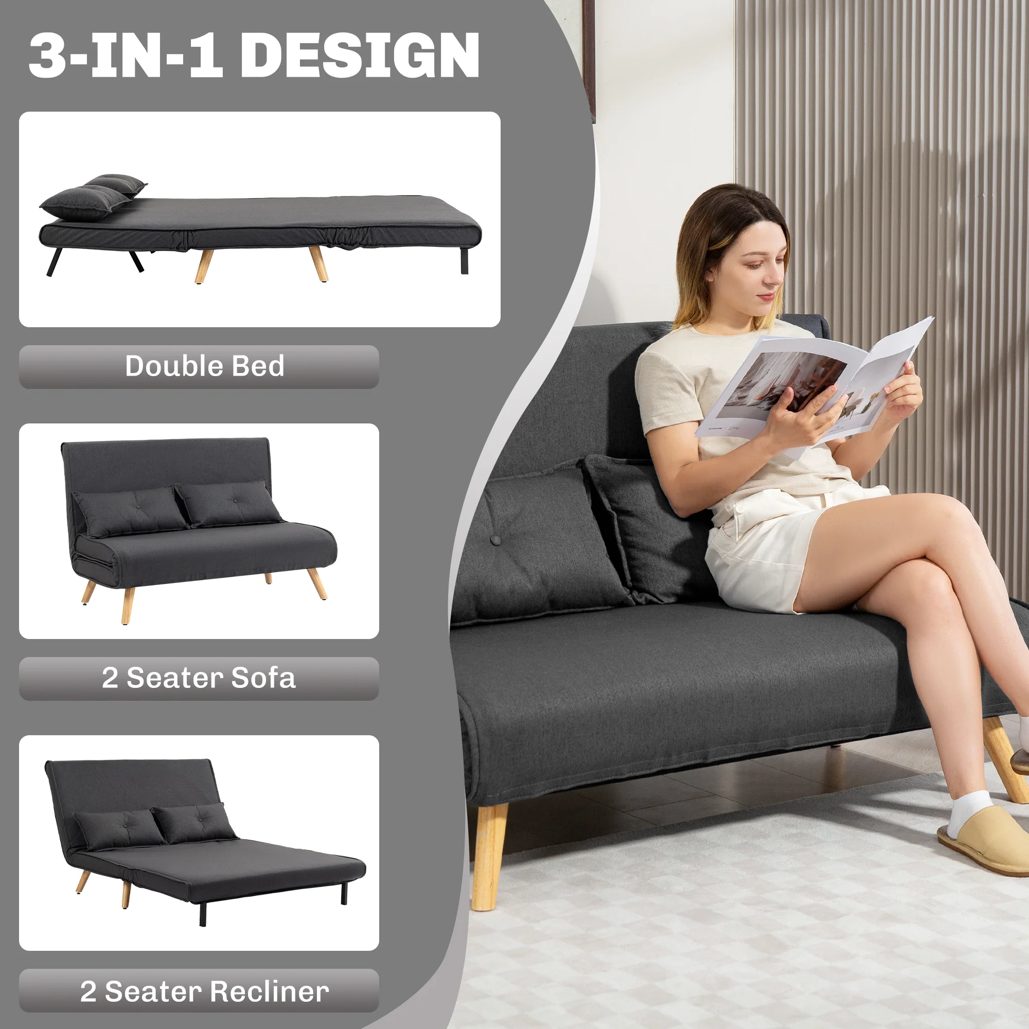 HOMCOM Click Clack Sofa Bed, 2 Seater Bed Settee For Living Room - Image 3