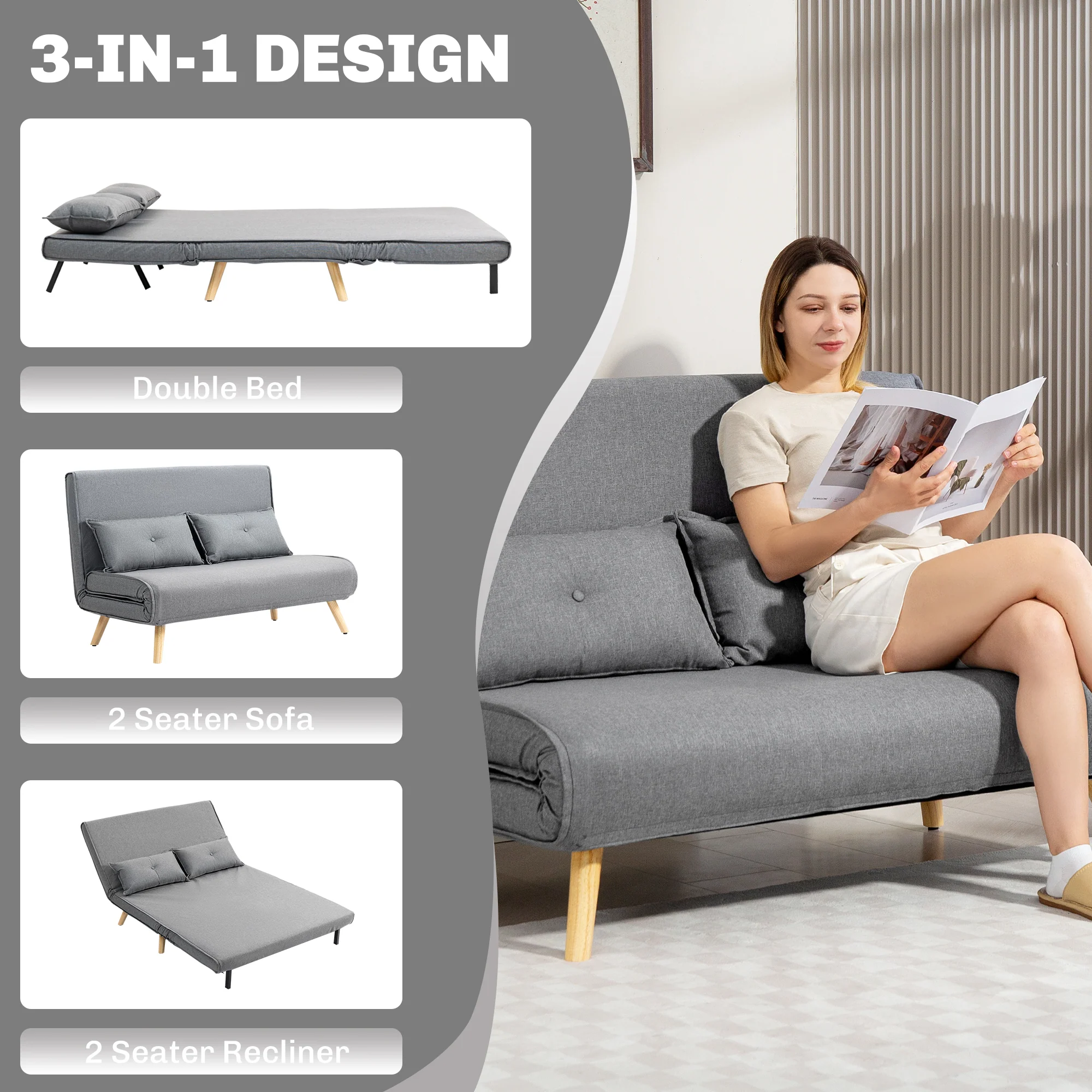 HOMCOM Click Clack Sofa Bed, 2 Seater Bed Settee For Living Room - Image 30