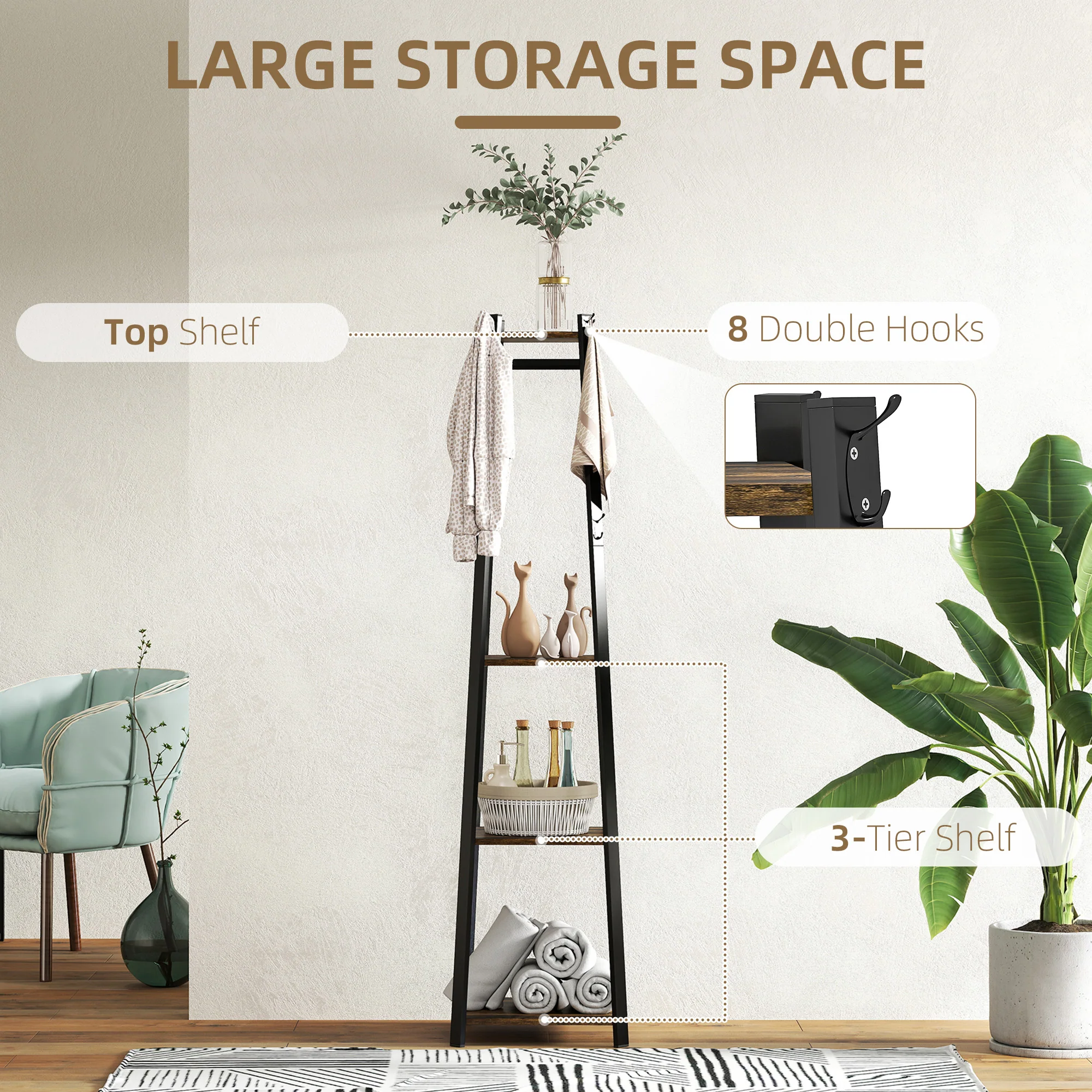 HOMCOM Clothes Rack With Storage, Garment Rack With 8 Hooks And 3-Tier Shelf - Image 12