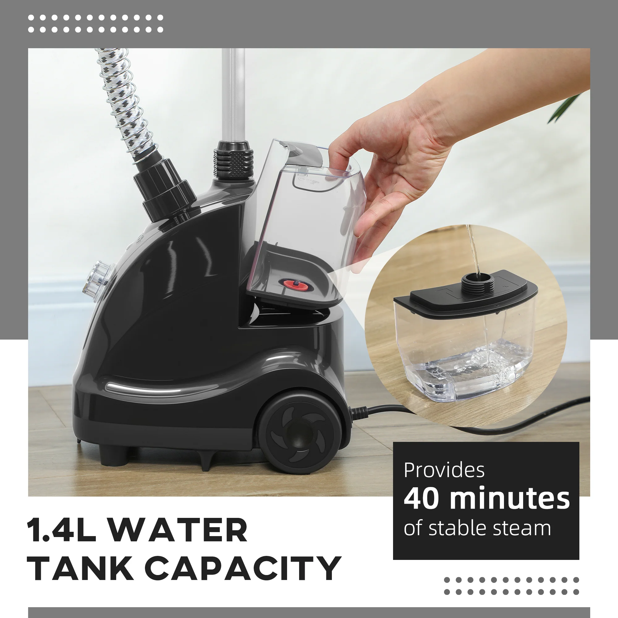 HOMCOM Clothes Steamer with Adjustable Pole 41-110 cm Black - Image 4