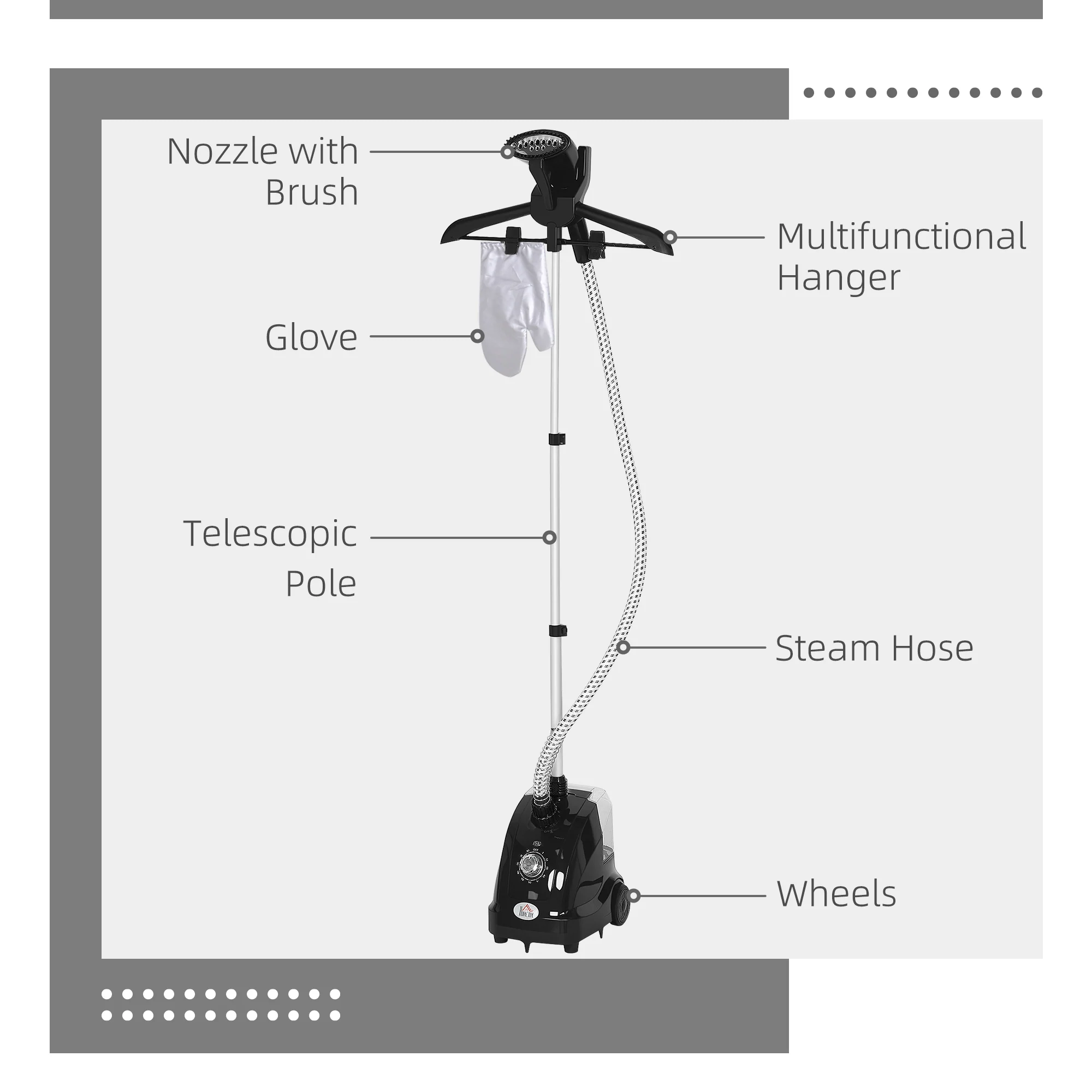 HOMCOM Clothes Steamer with Adjustable Pole 41-110 cm Black - Image 5