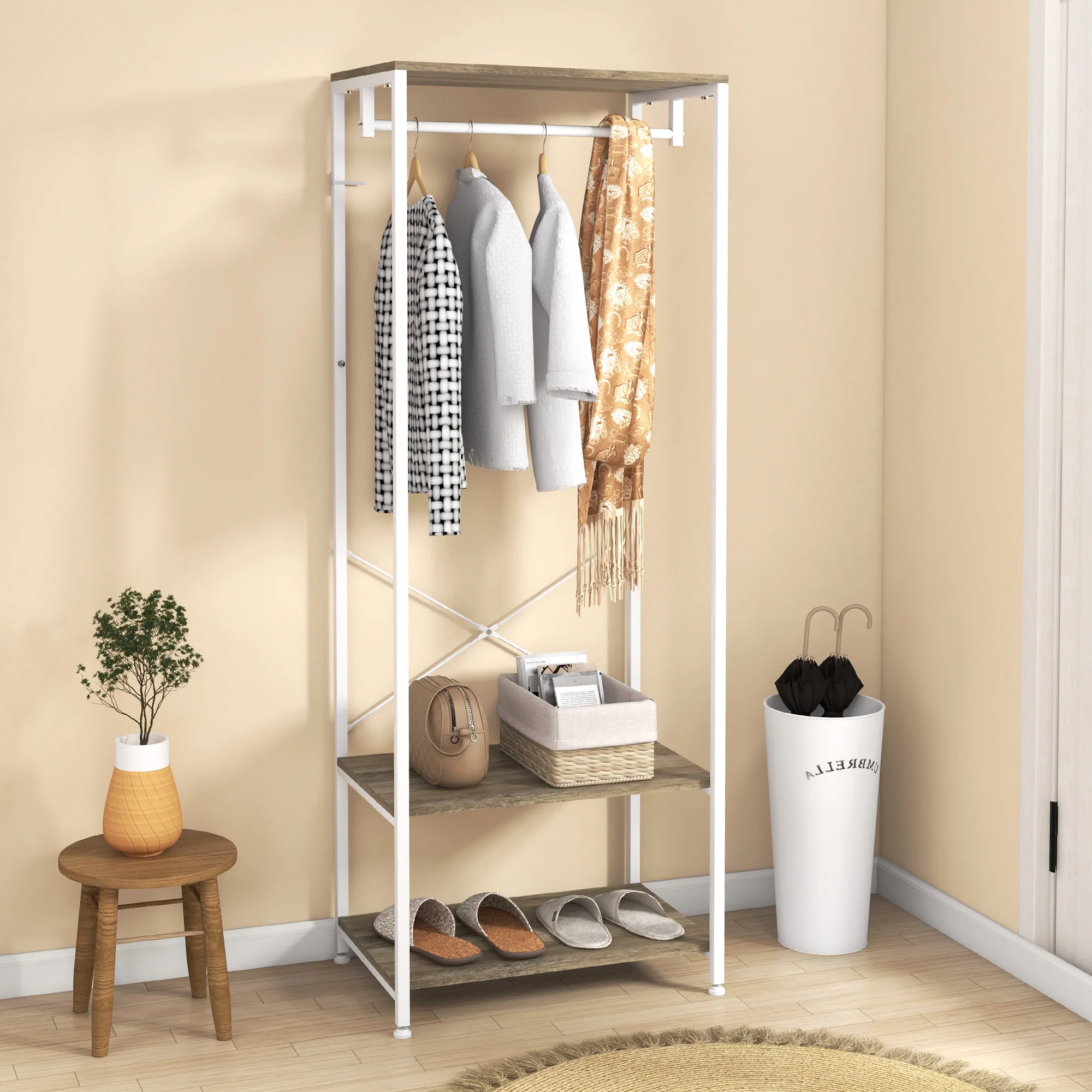 HOMCOM Coat Rack, 2-in-1 Clothes Stand With Shoe Storage For Hallway, Grey - Image 3