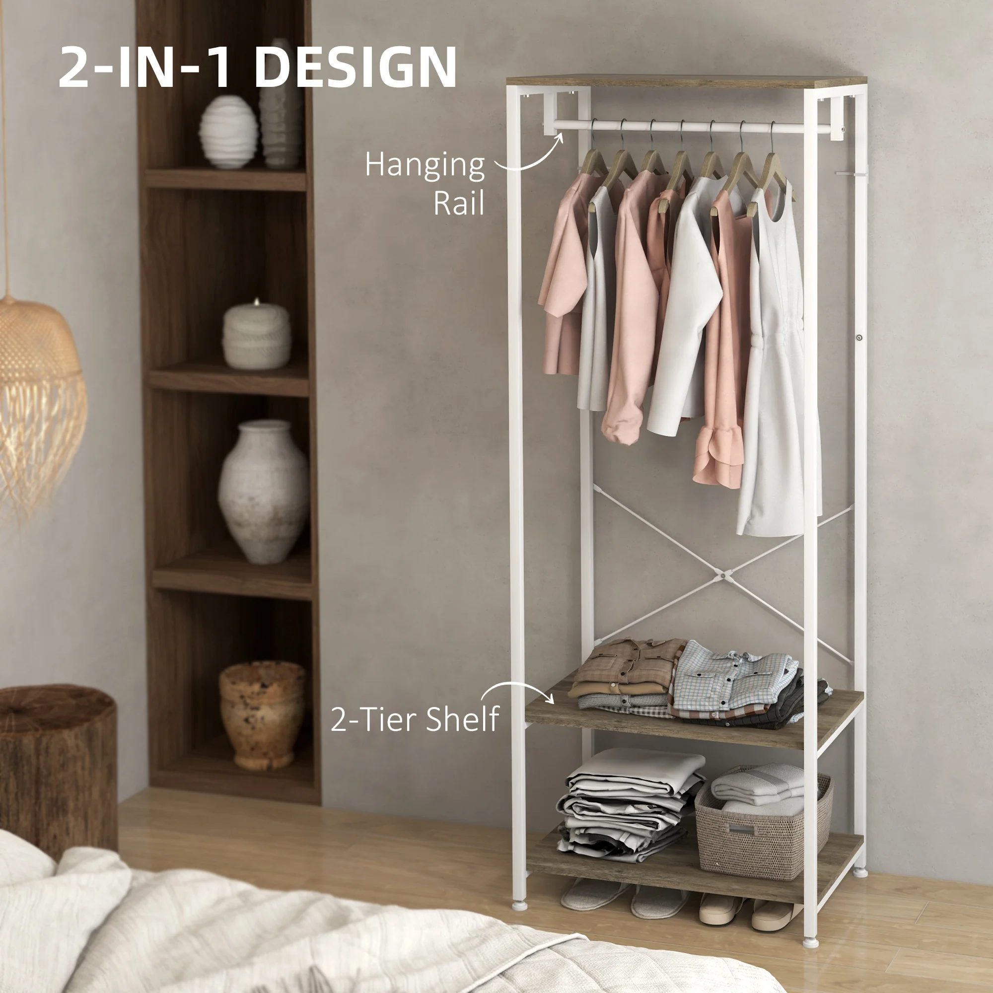 HOMCOM Coat Rack, 2-in-1 Clothes Stand With Shoe Storage For Hallway, Grey - Image 4