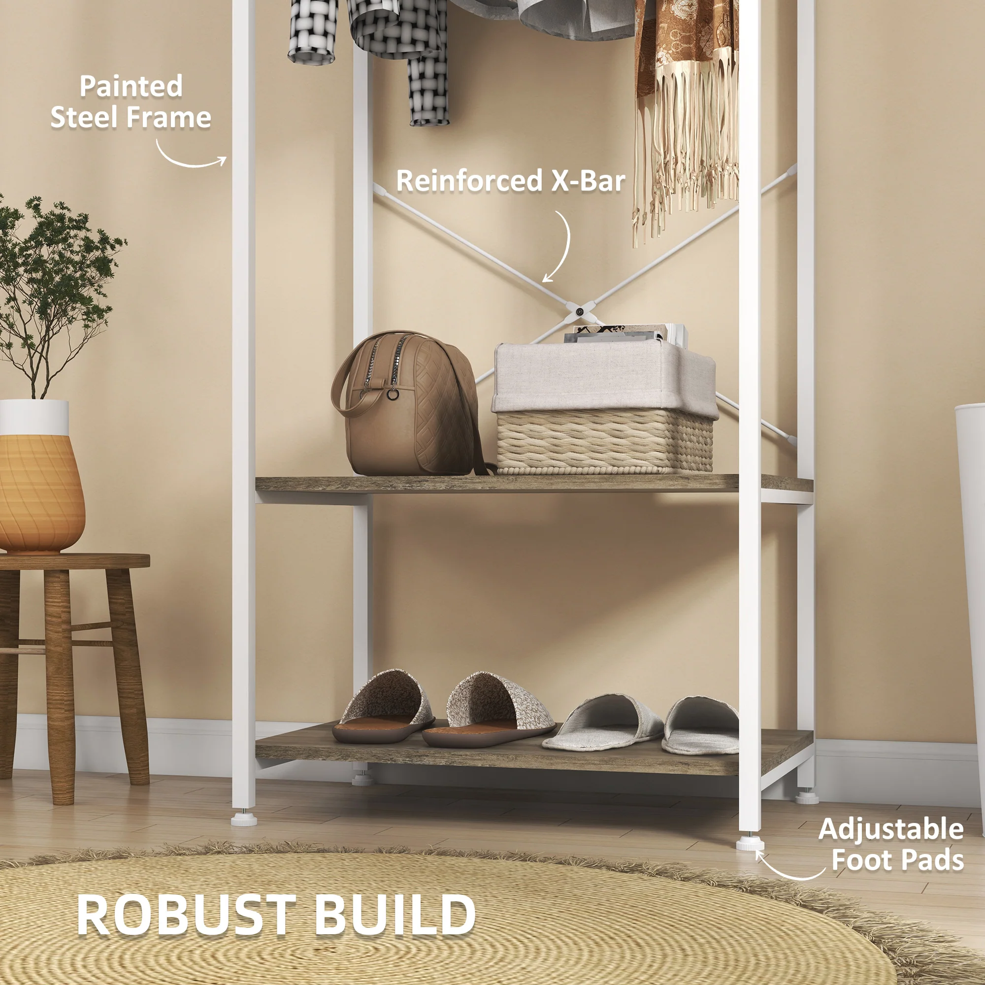HOMCOM Coat Rack, 2-in-1 Clothes Stand With Shoe Storage For Hallway, Grey - Image 5