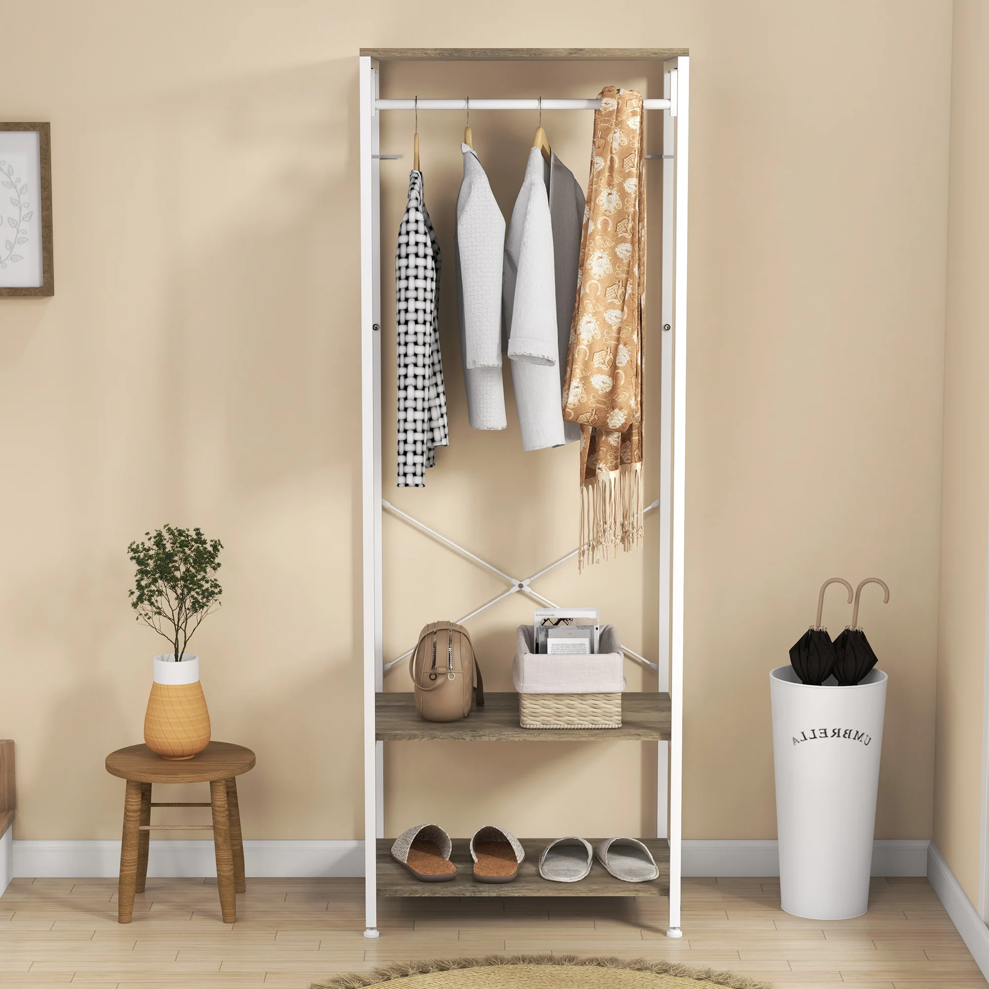 HOMCOM Coat Rack, 2-in-1 Clothes Stand With Shoe Storage For Hallway, Grey - Image 7