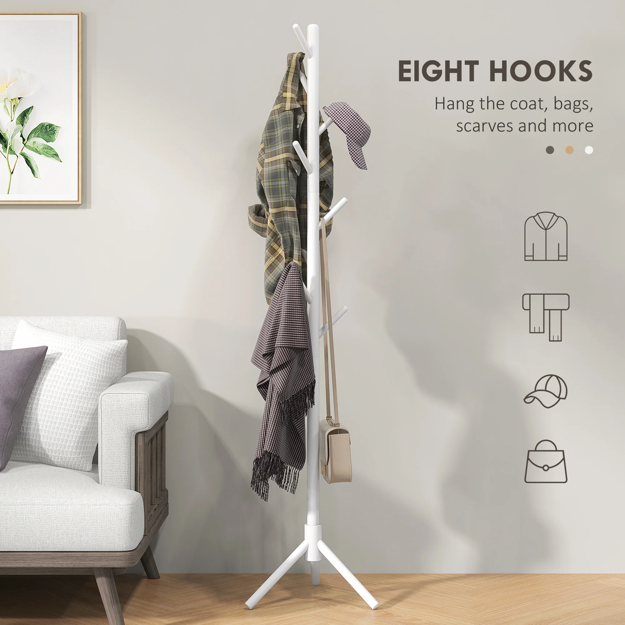 HOMCOM Coat Rack Bamboo Coat Stand With 8 Hooks For Handbags - Image 3