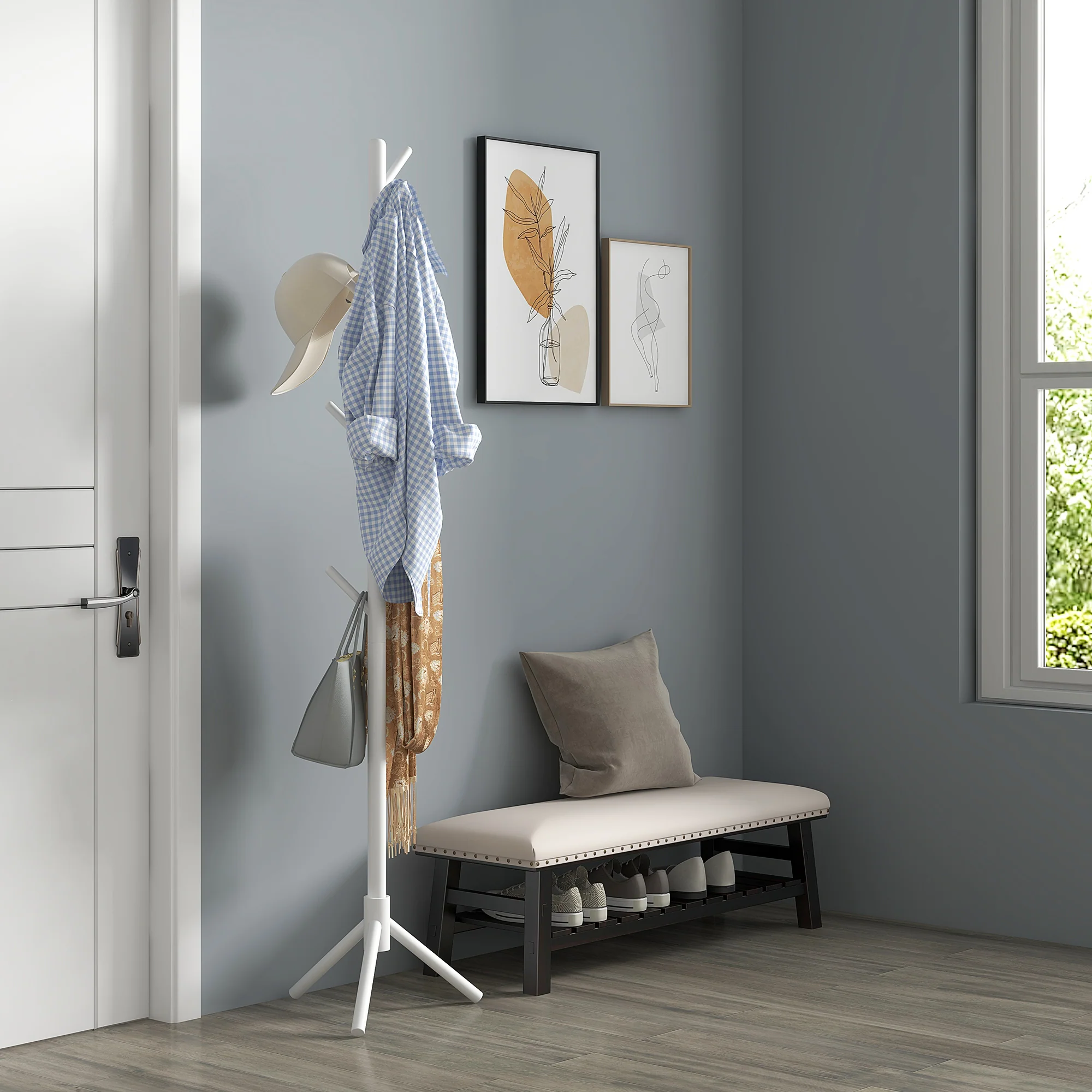 HOMCOM Coat Rack Bamboo Coat Stand With 8 Hooks For Handbags - Image 7