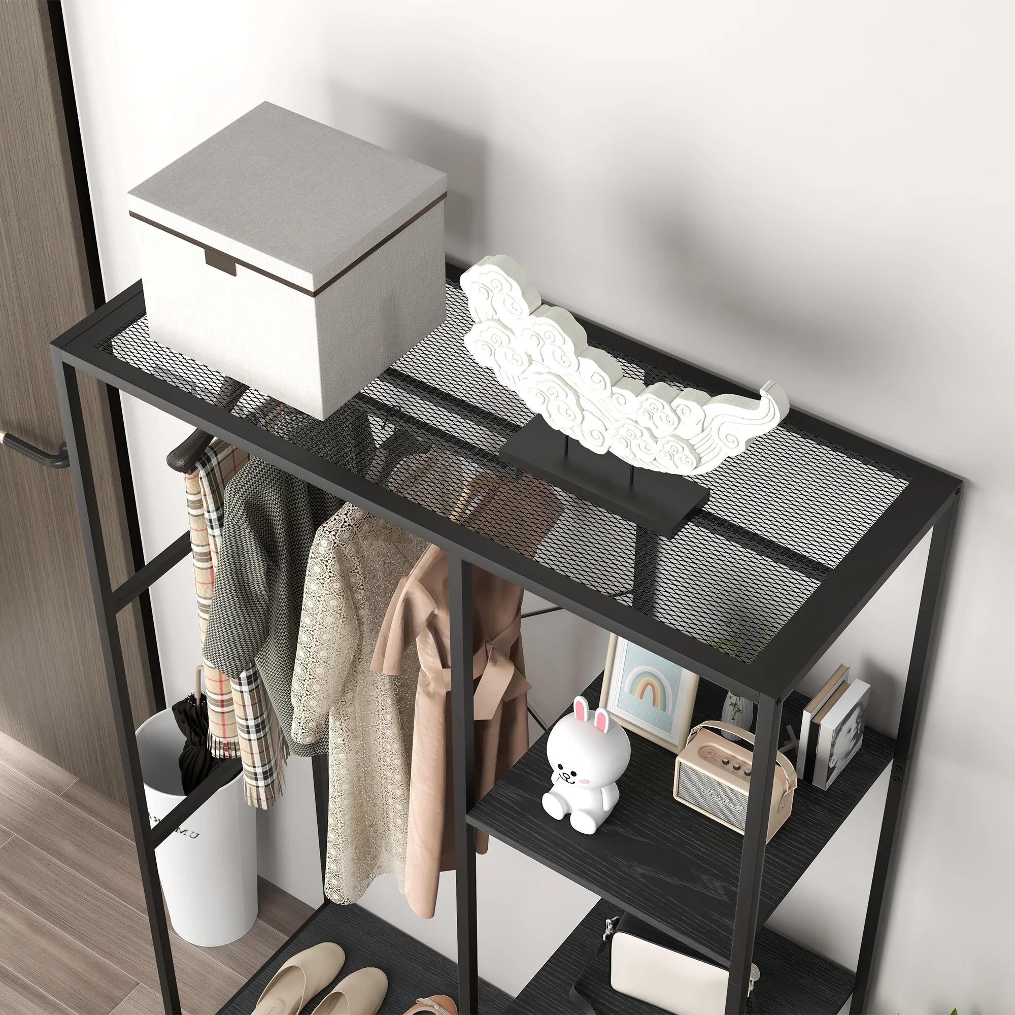 HOMCOM Coat Rack Stand With Hanging Rail And Storage Shelves For Hallway Black - Image 6
