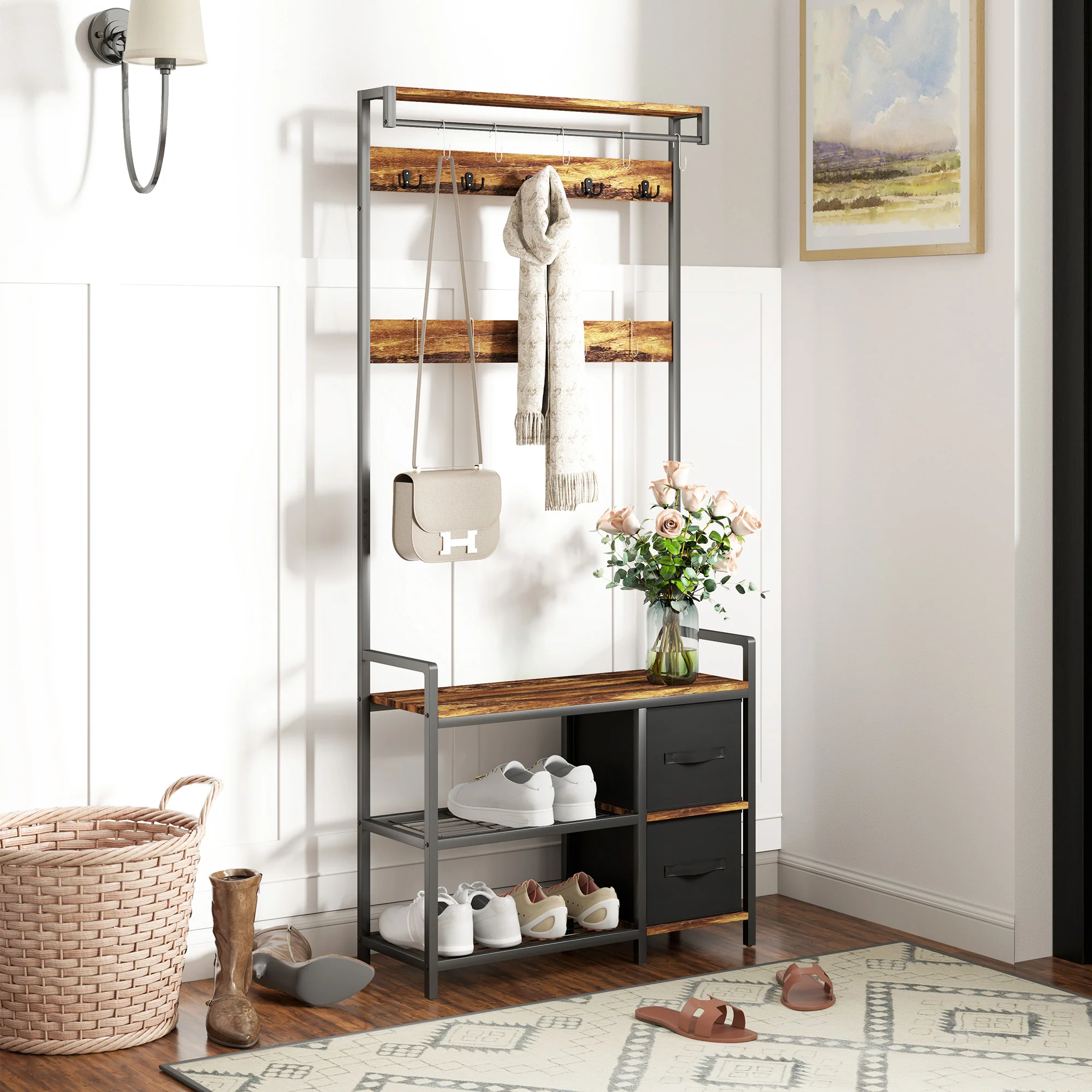 HOMCOM Coat Rack With Drawer, 4-in-1 Hall Tree With Coat Stand, Rustic Brown - Image 2