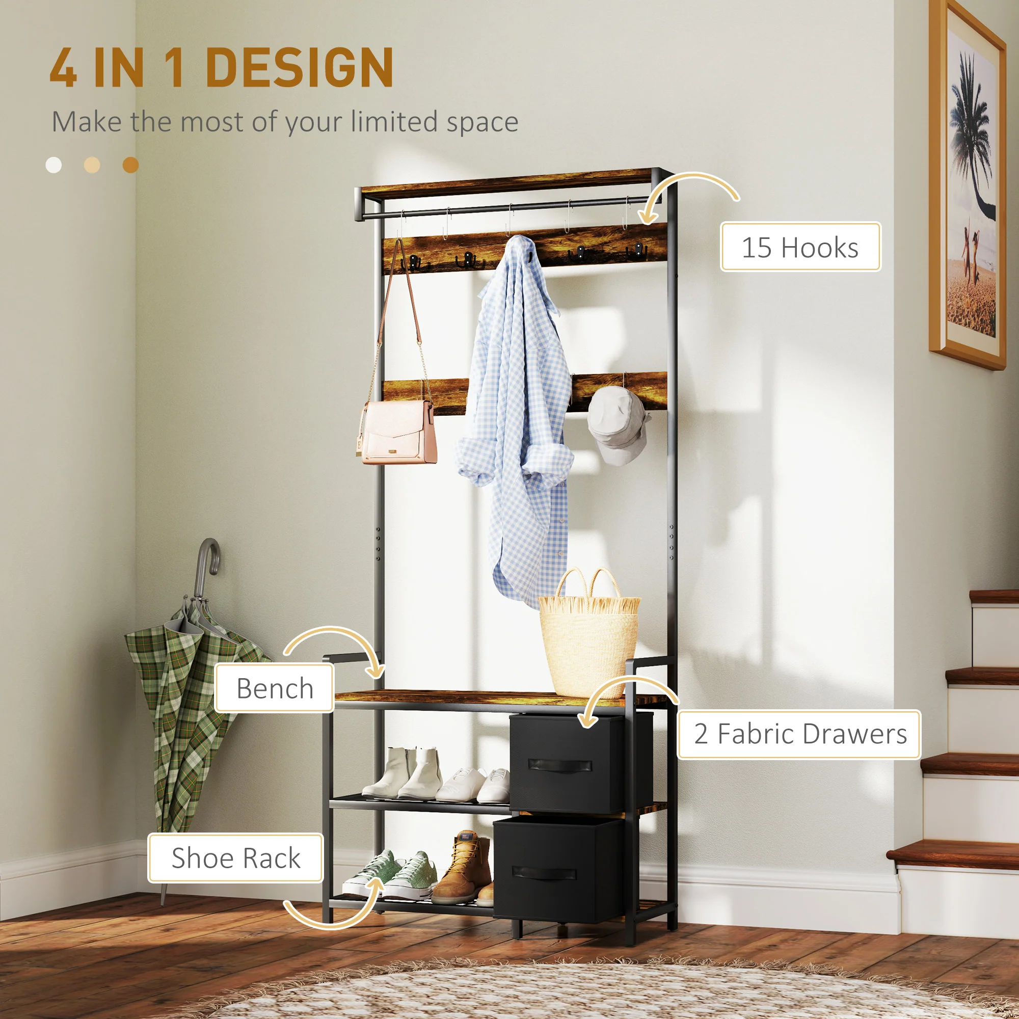 HOMCOM Coat Rack With Drawer, 4-in-1 Hall Tree With Coat Stand, Rustic Brown - Image 3
