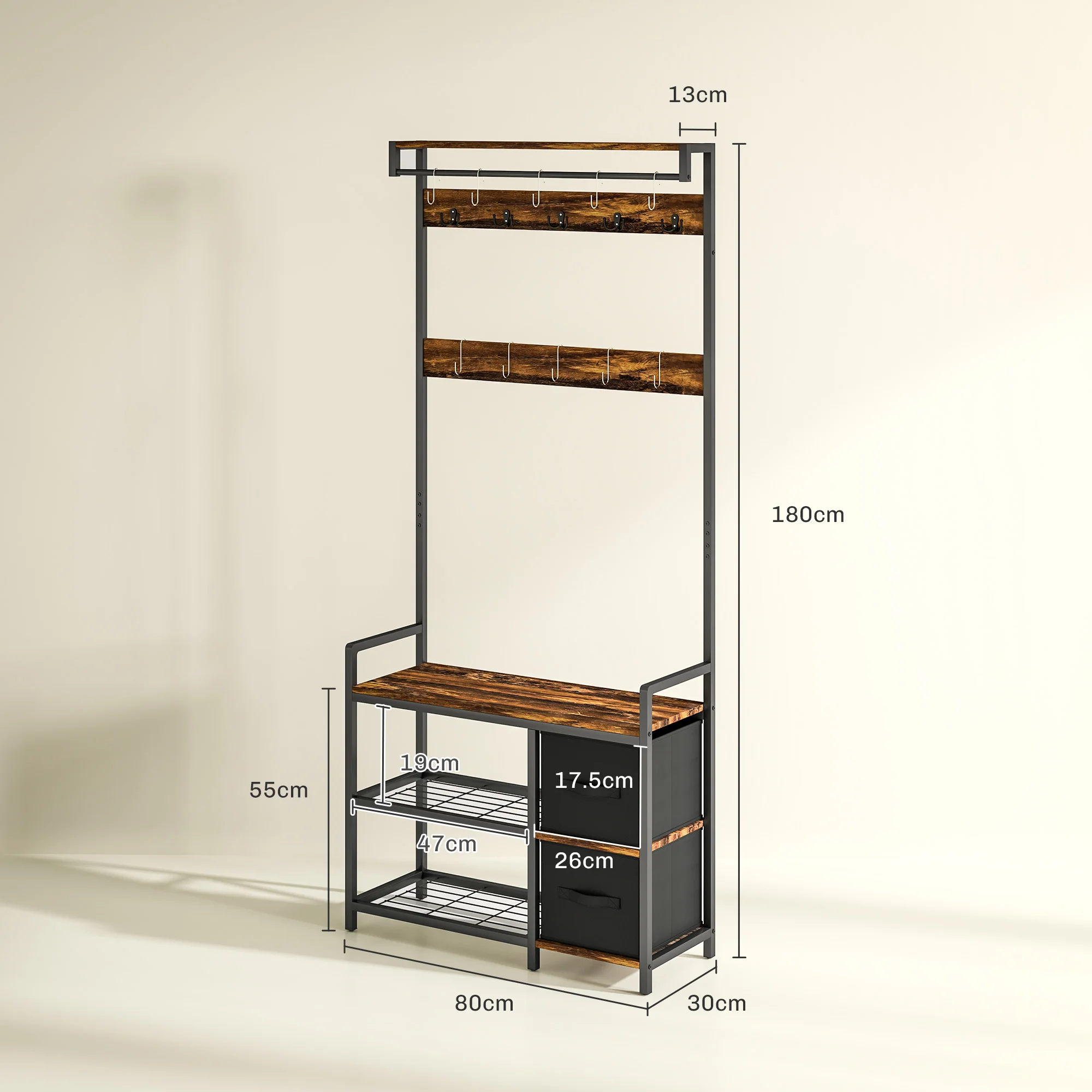 HOMCOM Coat Rack With Drawer, 4-in-1 Hall Tree With Coat Stand, Rustic Brown - Image 5