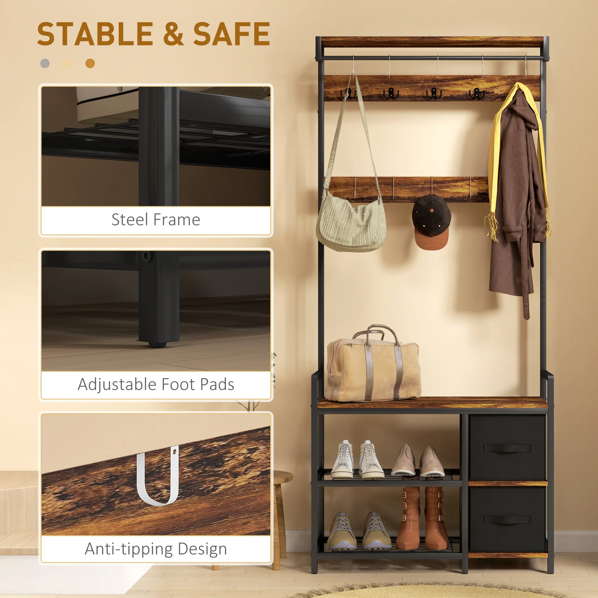 HOMCOM Coat Rack With Drawer, 4-in-1 Hall Tree With Coat Stand, Rustic Brown - Image 6