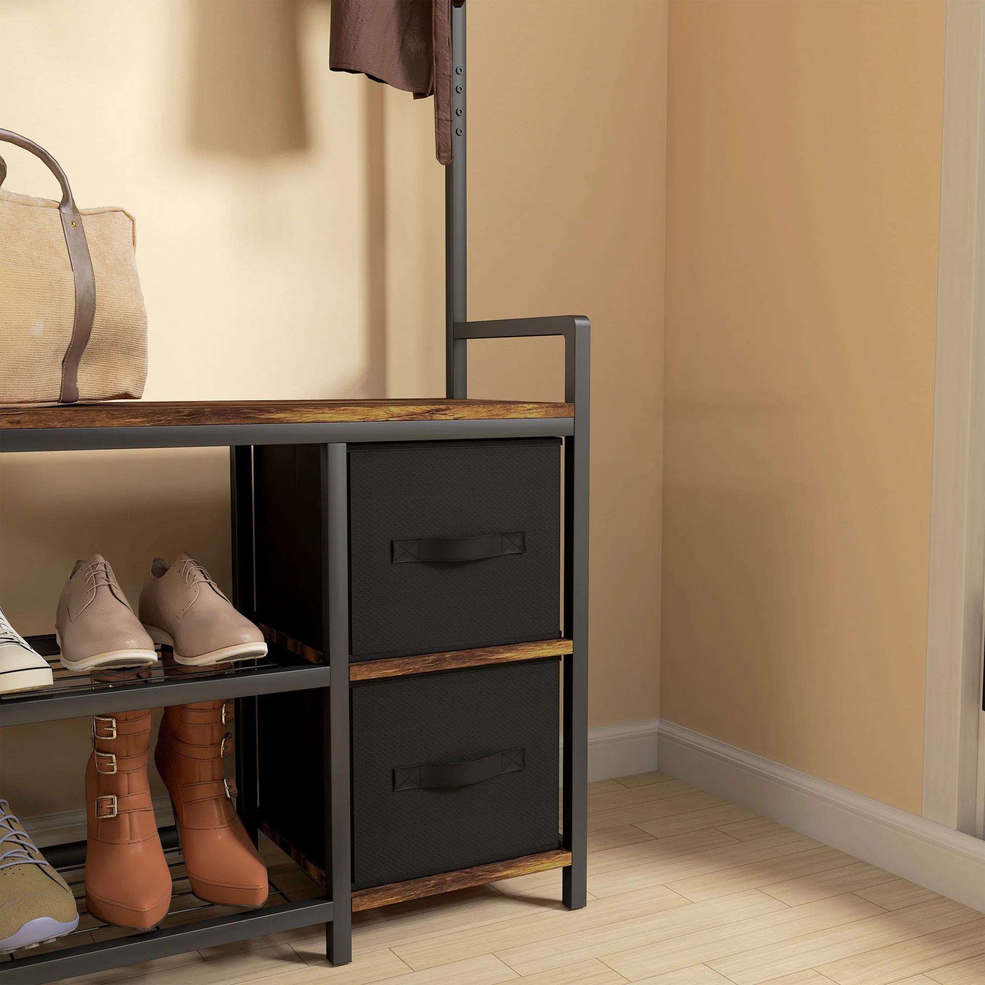 HOMCOM Coat Rack With Drawer, 4-in-1 Hall Tree With Coat Stand, Rustic Brown - Image 9
