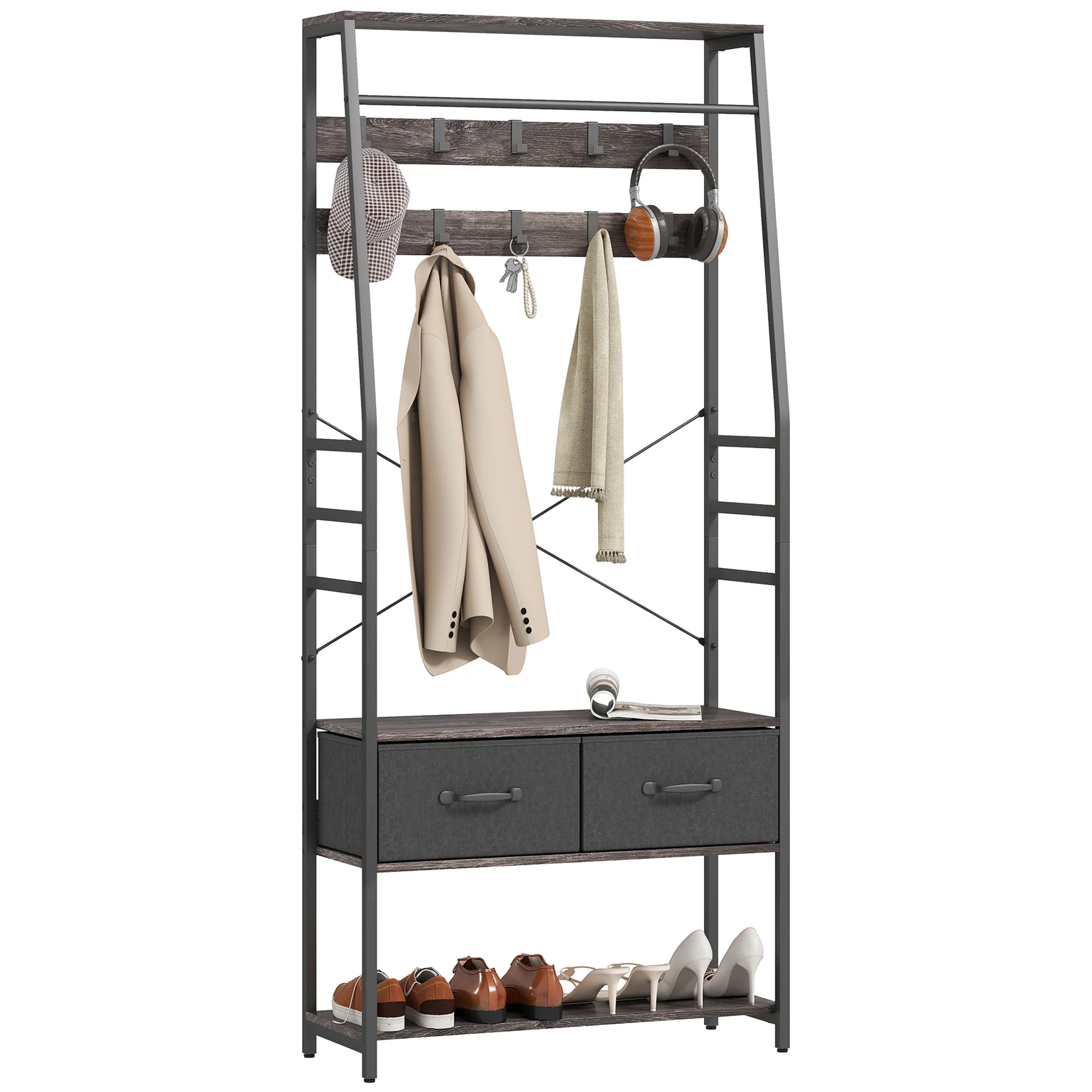 HOMCOM Coat Rack with Shoe Storage, Bench and 10 Hooks, Grey