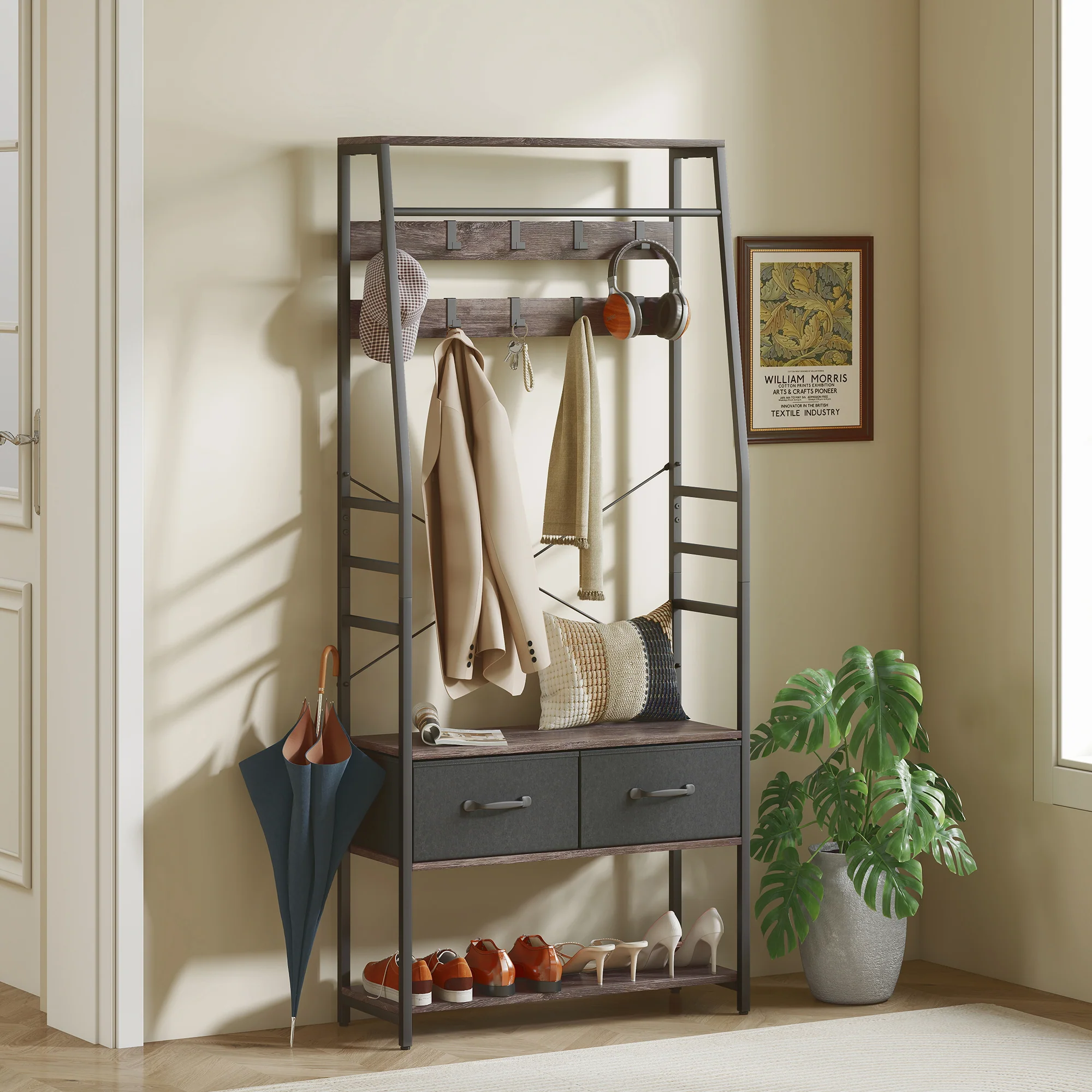 HOMCOM Coat Rack with Shoe Storage, Bench and 10 Hooks, Grey - Image 2