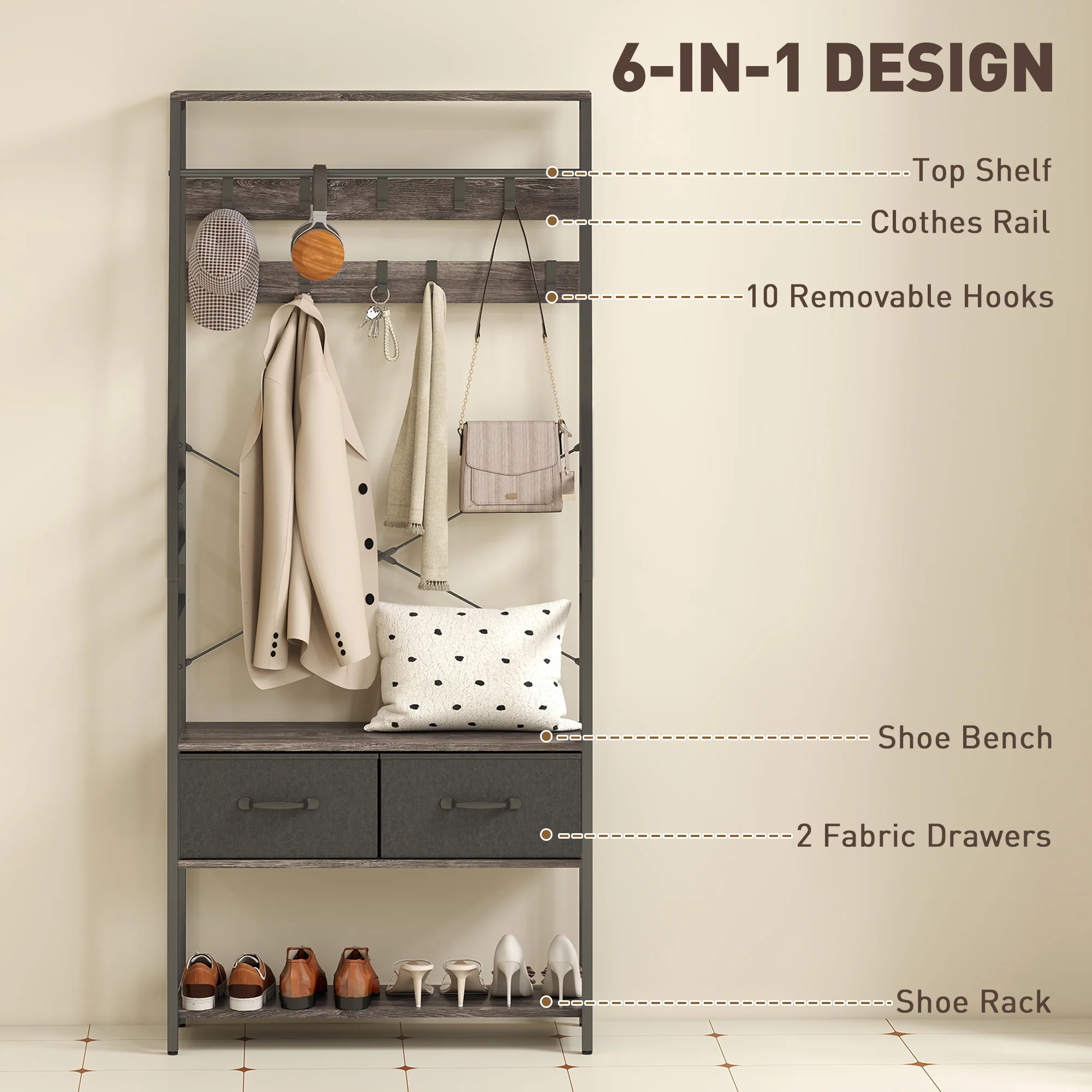 HOMCOM Coat Rack with Shoe Storage, Bench and 10 Hooks, Grey - Image 3