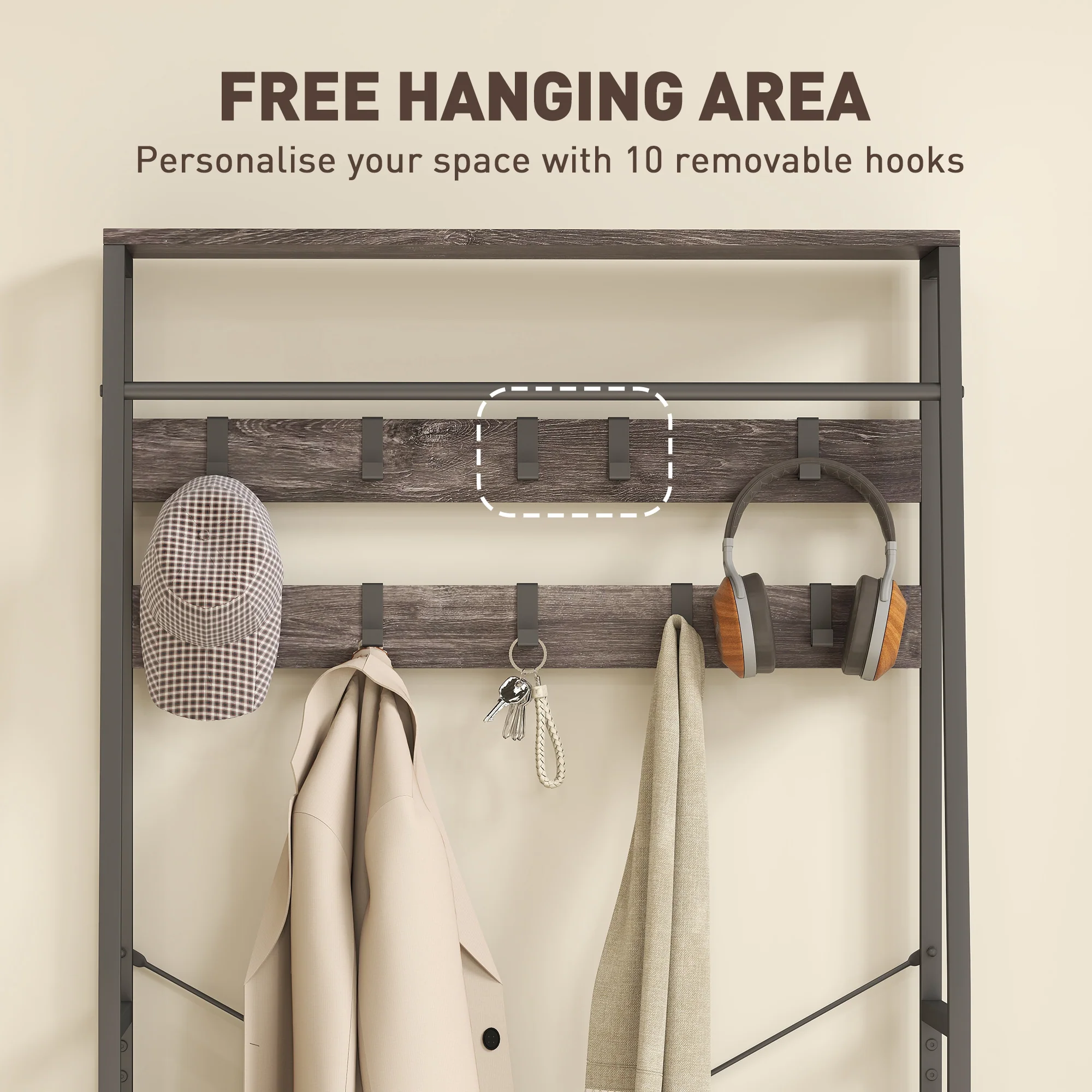 HOMCOM Coat Rack with Shoe Storage, Bench and 10 Hooks, Grey - Image 4
