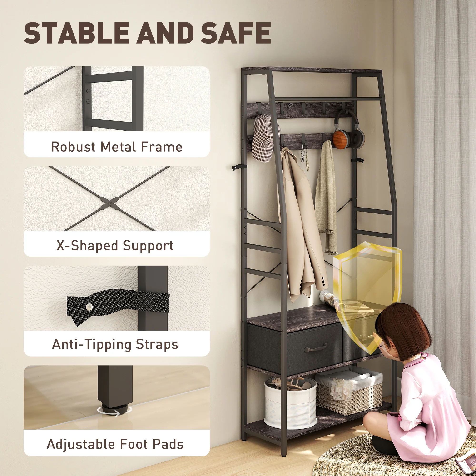 HOMCOM Coat Rack with Shoe Storage, Bench and 10 Hooks, Grey - Image 7