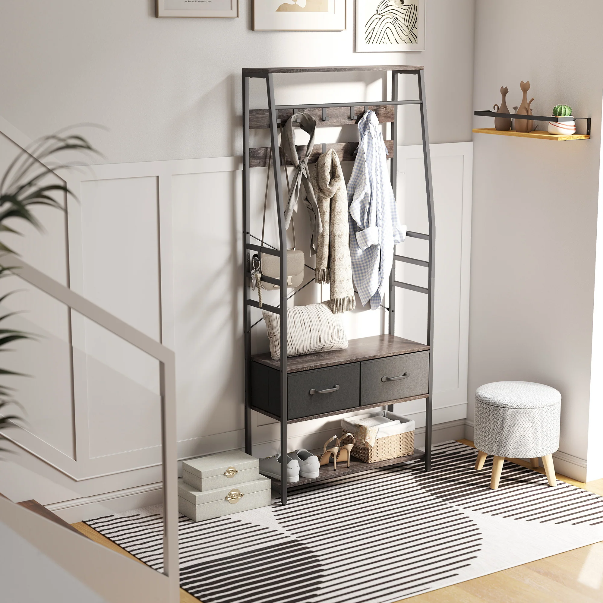 HOMCOM Coat Rack with Shoe Storage, Bench and 10 Hooks, Grey - Image 9