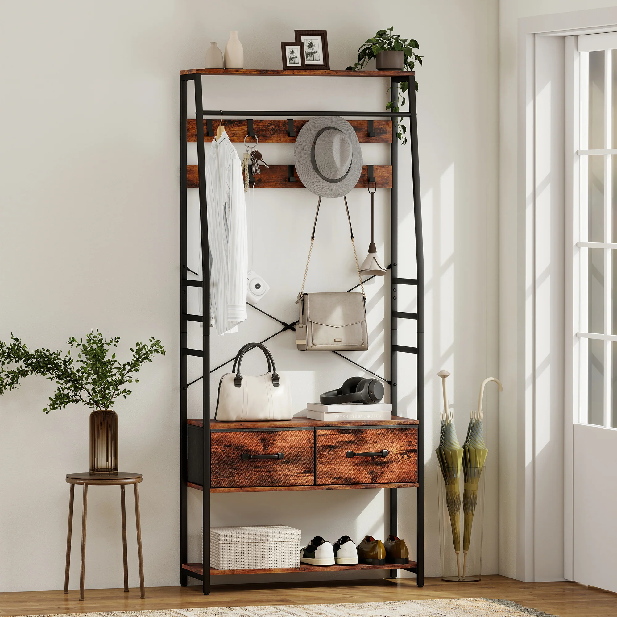 HOMCOM Coat Rack with Shoe Storage, Bench and 10 Hooks, Rustic Brown - Image 2