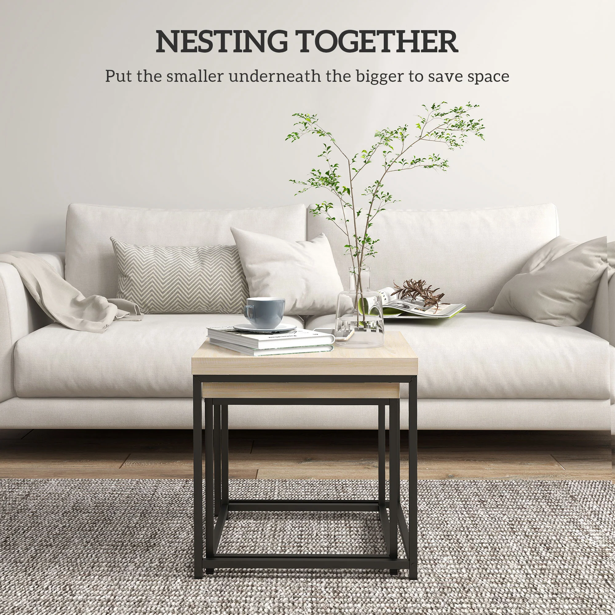 HOMCOM Coffee Table Set of 2, Nest of Tables with 3.5cm Thick Tabletop, Oak - Image 3