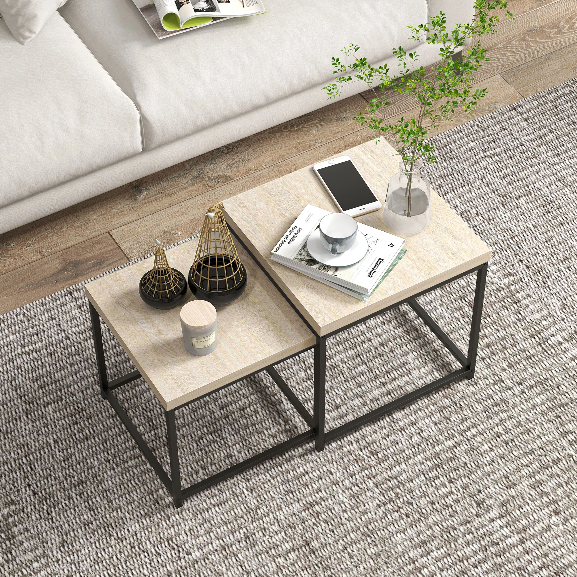 HOMCOM Coffee Table Set of 2, Nest of Tables with 3.5cm Thick Tabletop, Oak - Image 8