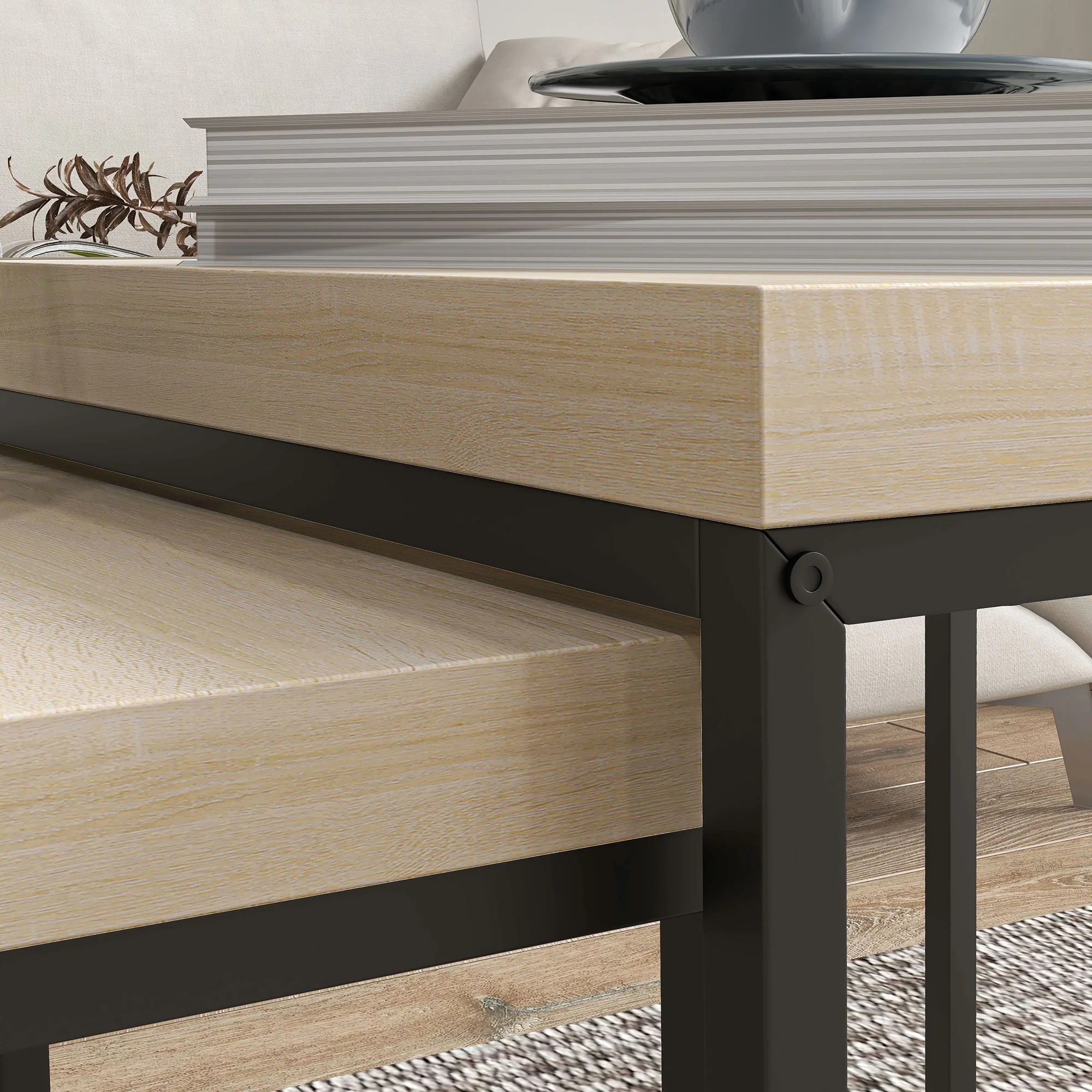 HOMCOM Coffee Table Set of 2, Nest of Tables with 3.5cm Thick Tabletop, Oak - Image 9