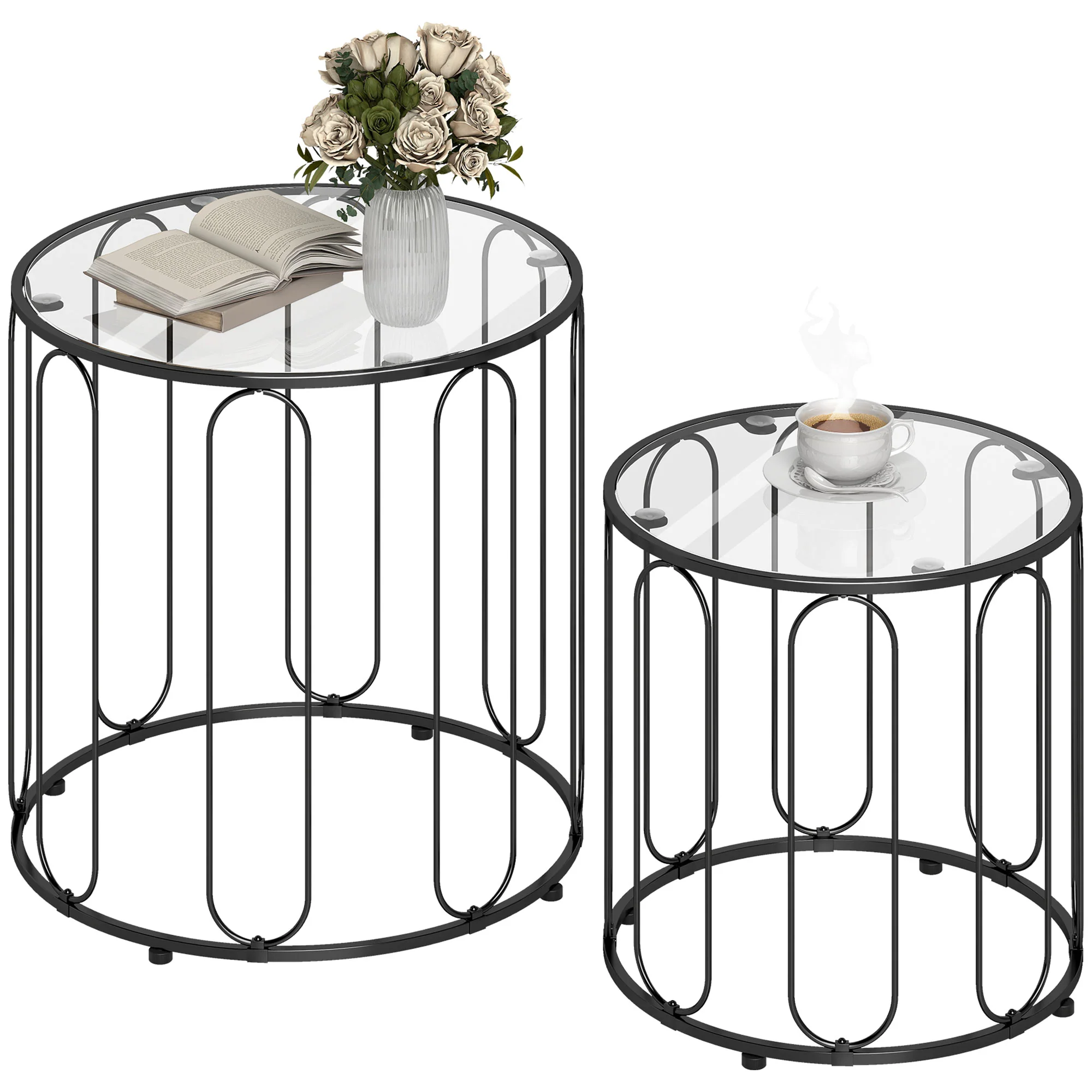HOMCOM Coffee Table Set Of 2, Nest Of Tables With Metal Frame, Black