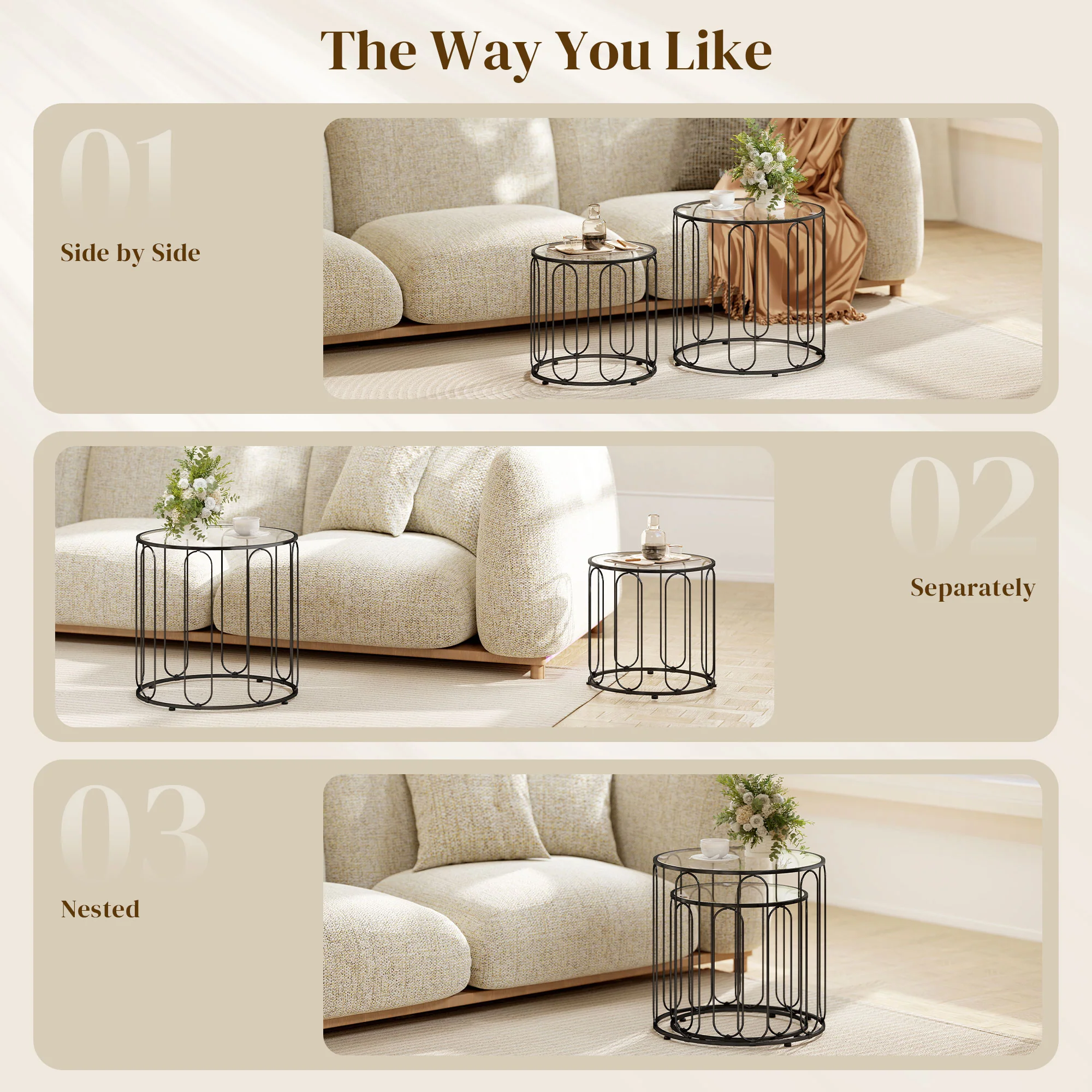 HOMCOM Coffee Table Set Of 2, Nest Of Tables With Metal Frame, Black - Image 3