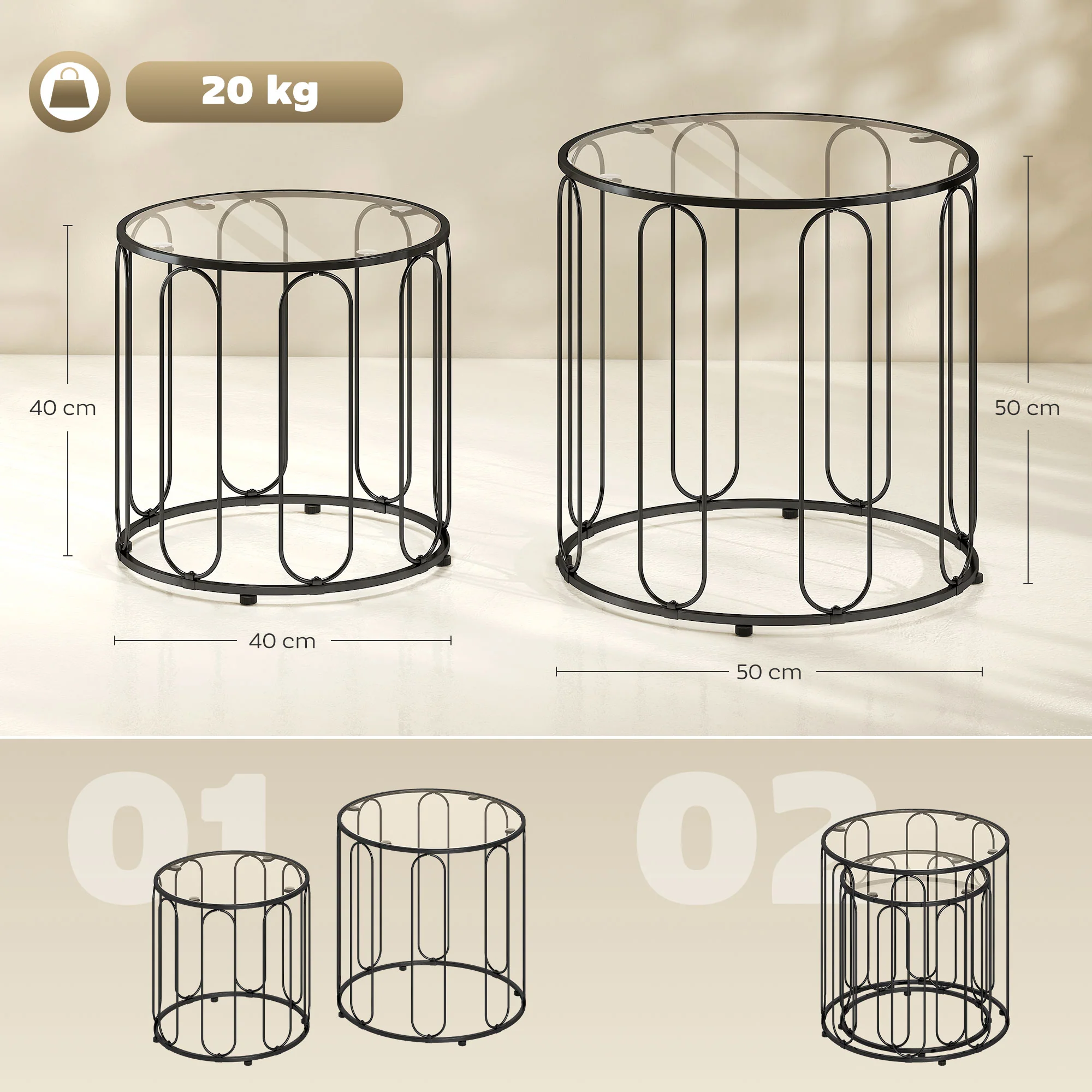 HOMCOM Coffee Table Set Of 2, Nest Of Tables With Metal Frame, Black - Image 5