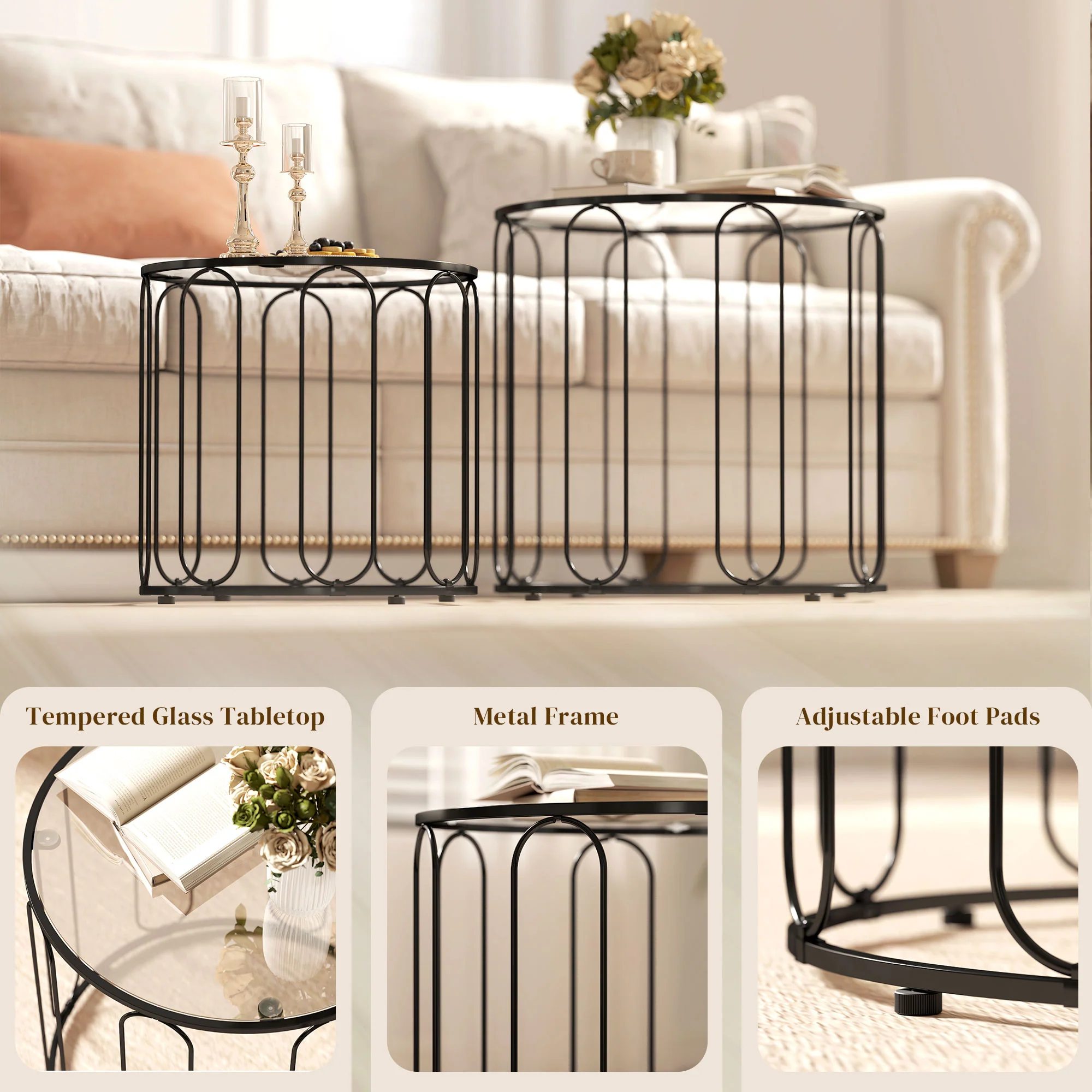 HOMCOM Coffee Table Set Of 2, Nest Of Tables With Metal Frame, Black - Image 6