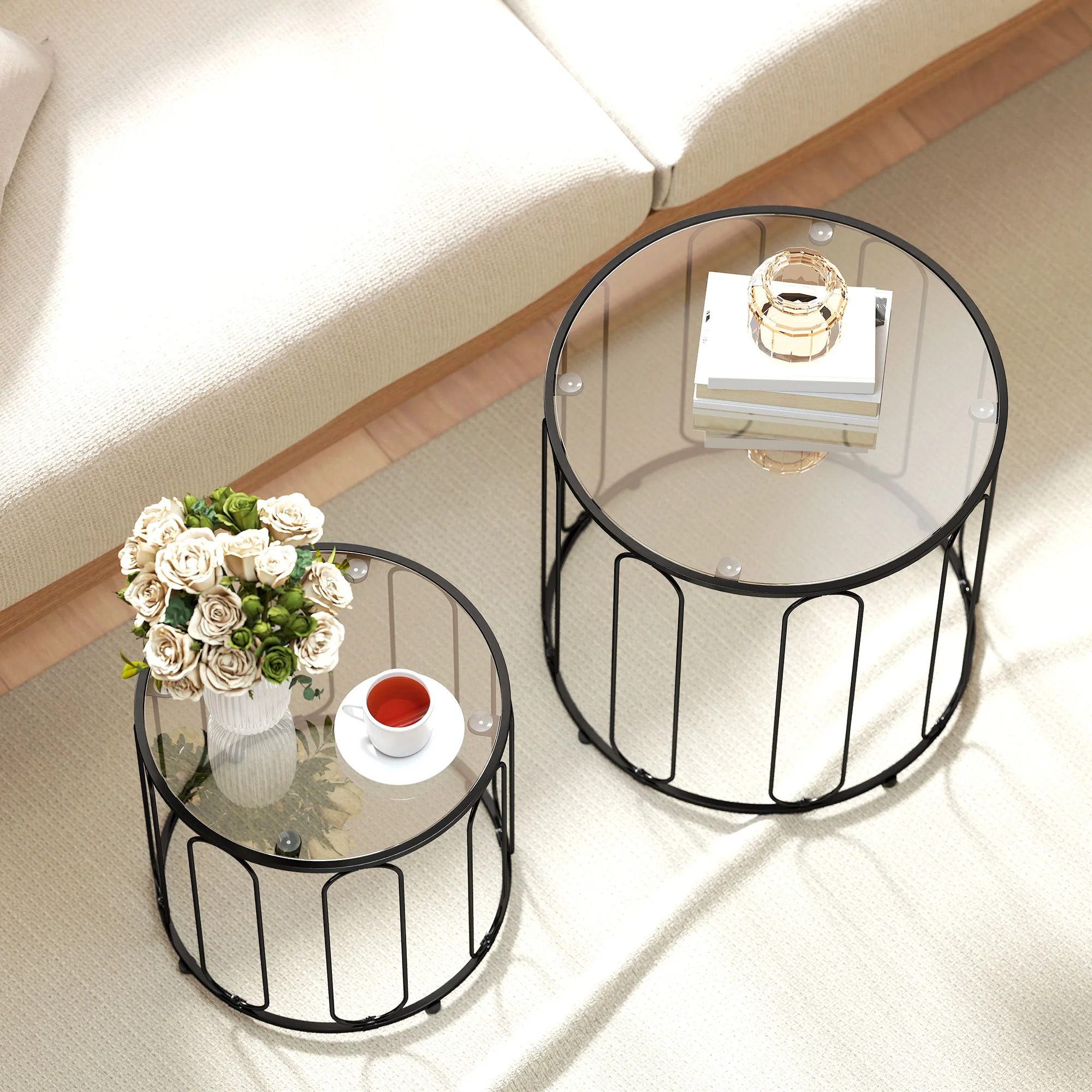 HOMCOM Coffee Table Set Of 2, Nest Of Tables With Metal Frame, Black - Image 8