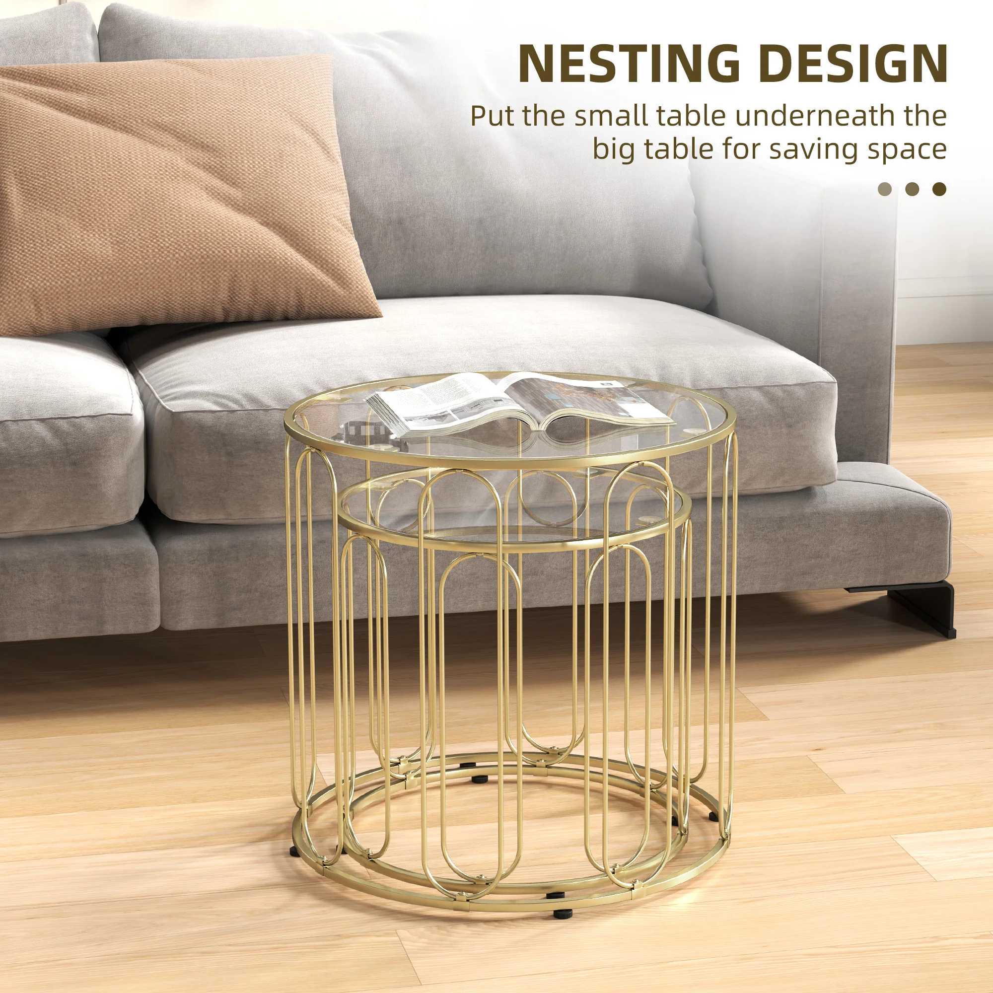 HOMCOM Coffee Table Set Of 2, Nest Of Tables With Metal Frame, Gold Tone - Image 3