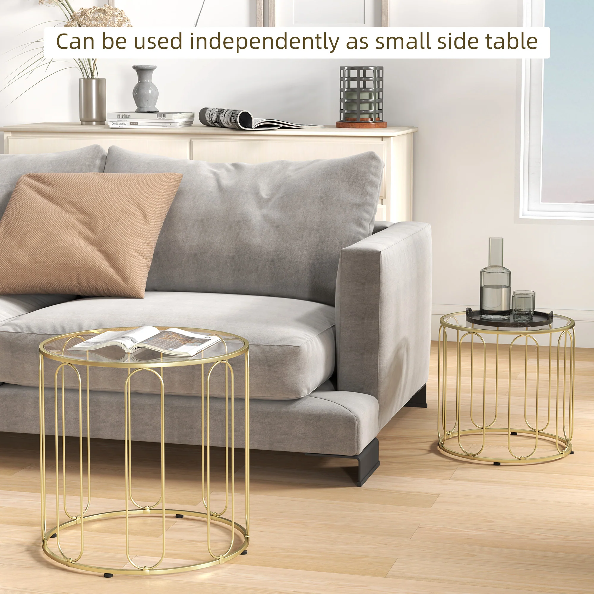 HOMCOM Coffee Table Set Of 2, Nest Of Tables With Metal Frame, Gold Tone - Image 4