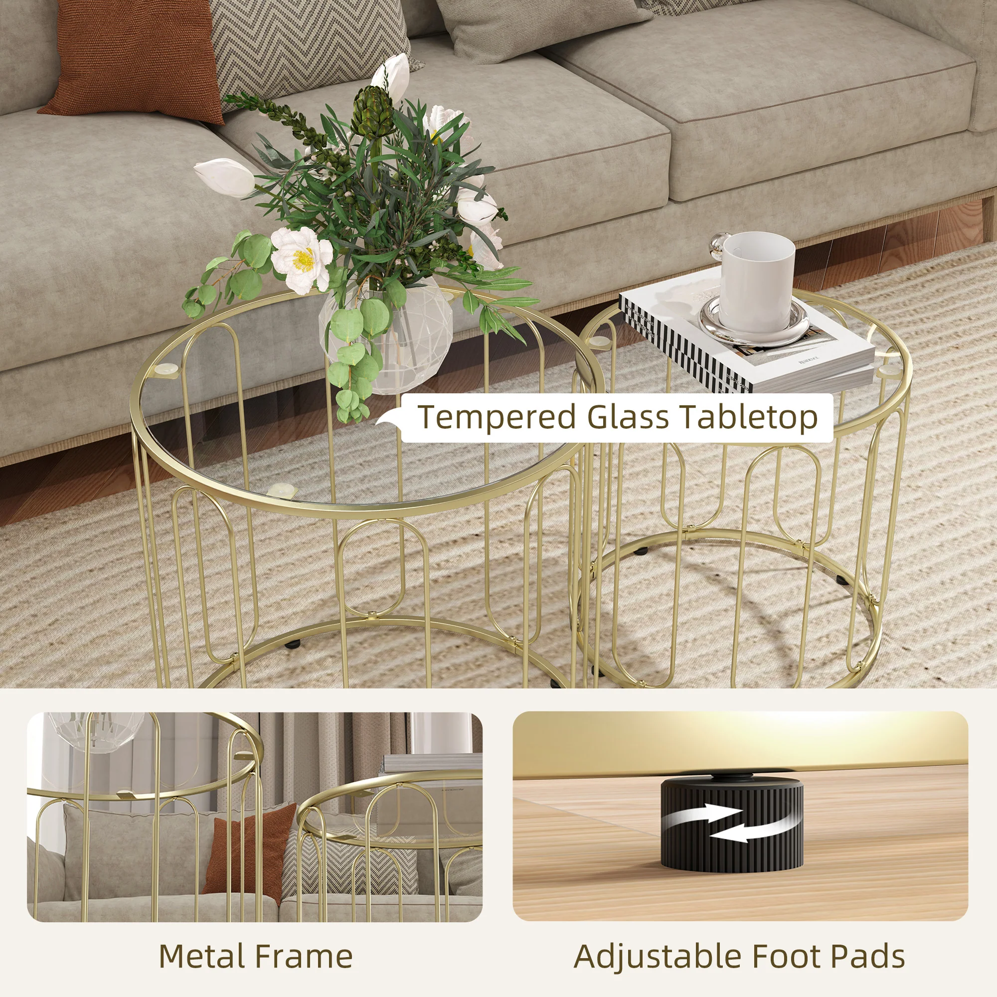 HOMCOM Coffee Table Set Of 2, Nest Of Tables With Metal Frame, Gold Tone - Image 6